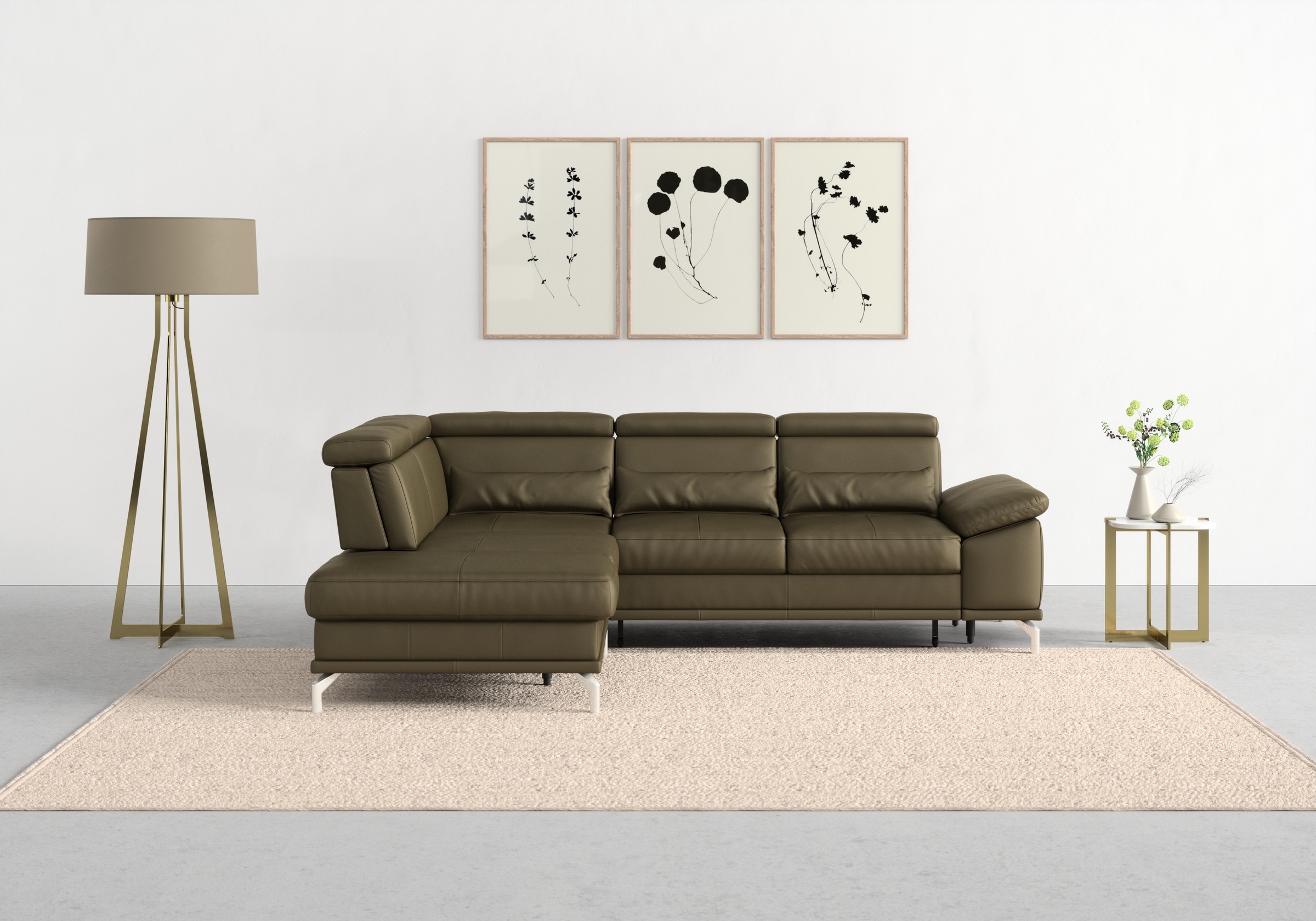 sit&more Ecksofa »Cabrio L-Form, B: 274 cm, mit Sitztiefen-, Arm- & Kopfteilverstellung«, 3 Nierenkissen, Federkern, optional Bettfunktion und Stauraum