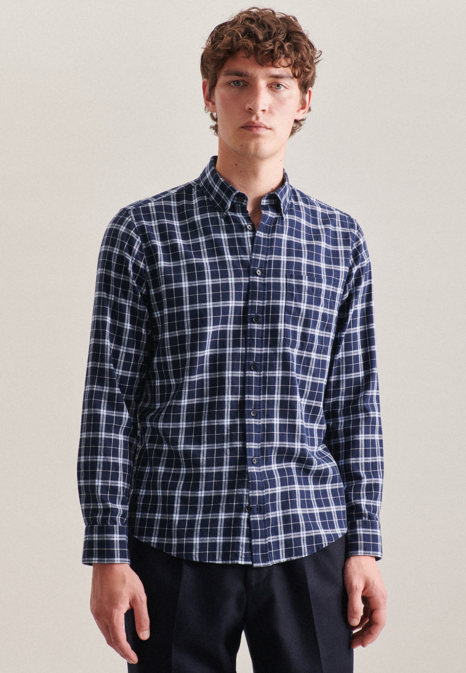 Seidensticker Herren Businesshemd »Schwarze Rose« Regular Langarm Button-Down-Kragen Karo in blau, Größe M39-40