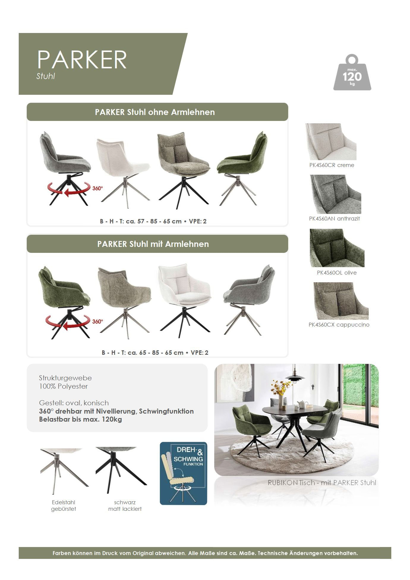 MCA furniture Esszimmerstuhl »PARKER«, Strukturstoff, (2er-Set), drehbar 360°, Dreh- & Schwingfunktion, Belastbarkeit 120 kg