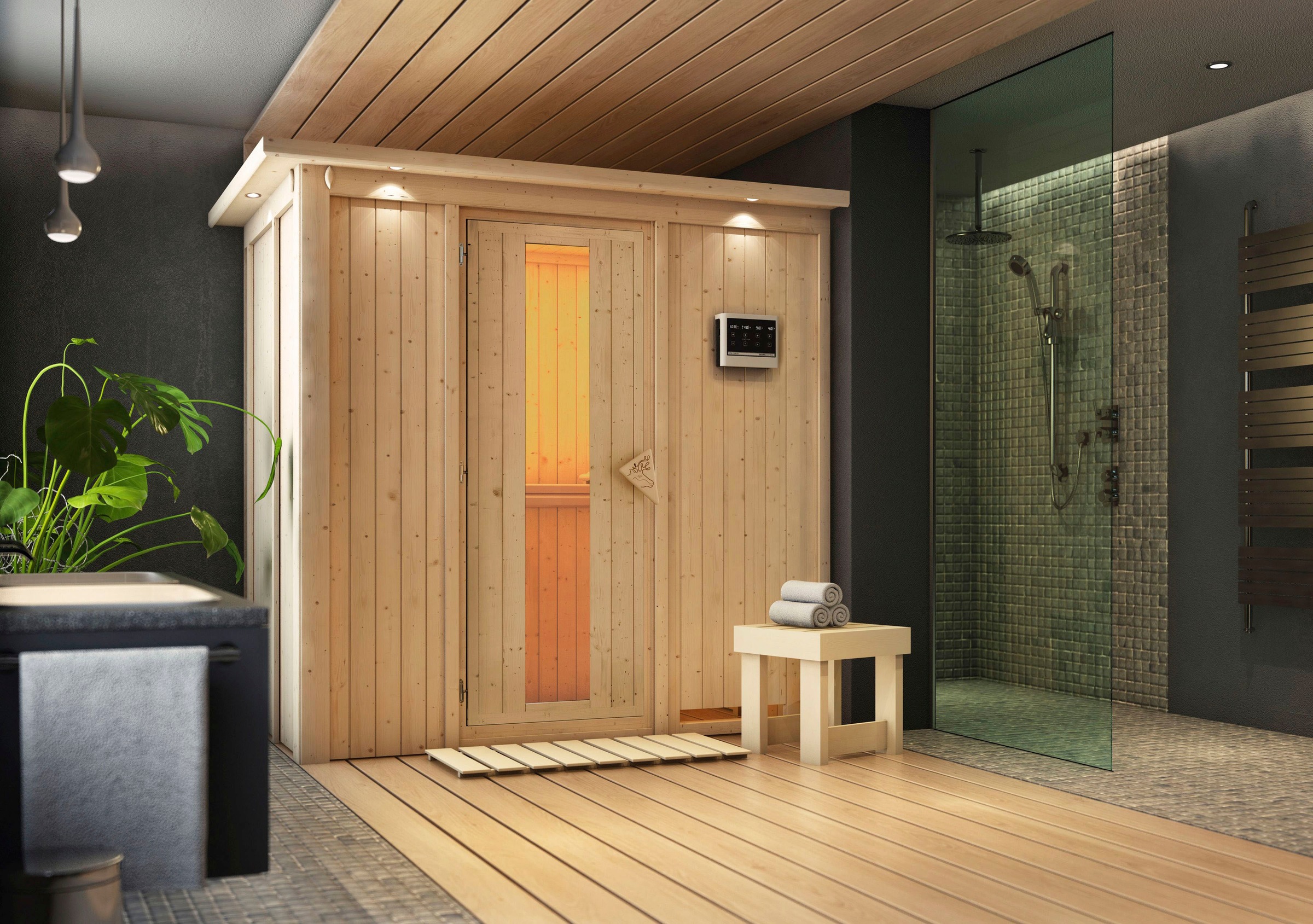Karibu Sauna »Vada« Set,  Ofen 9 kW Bio externe Strg easy