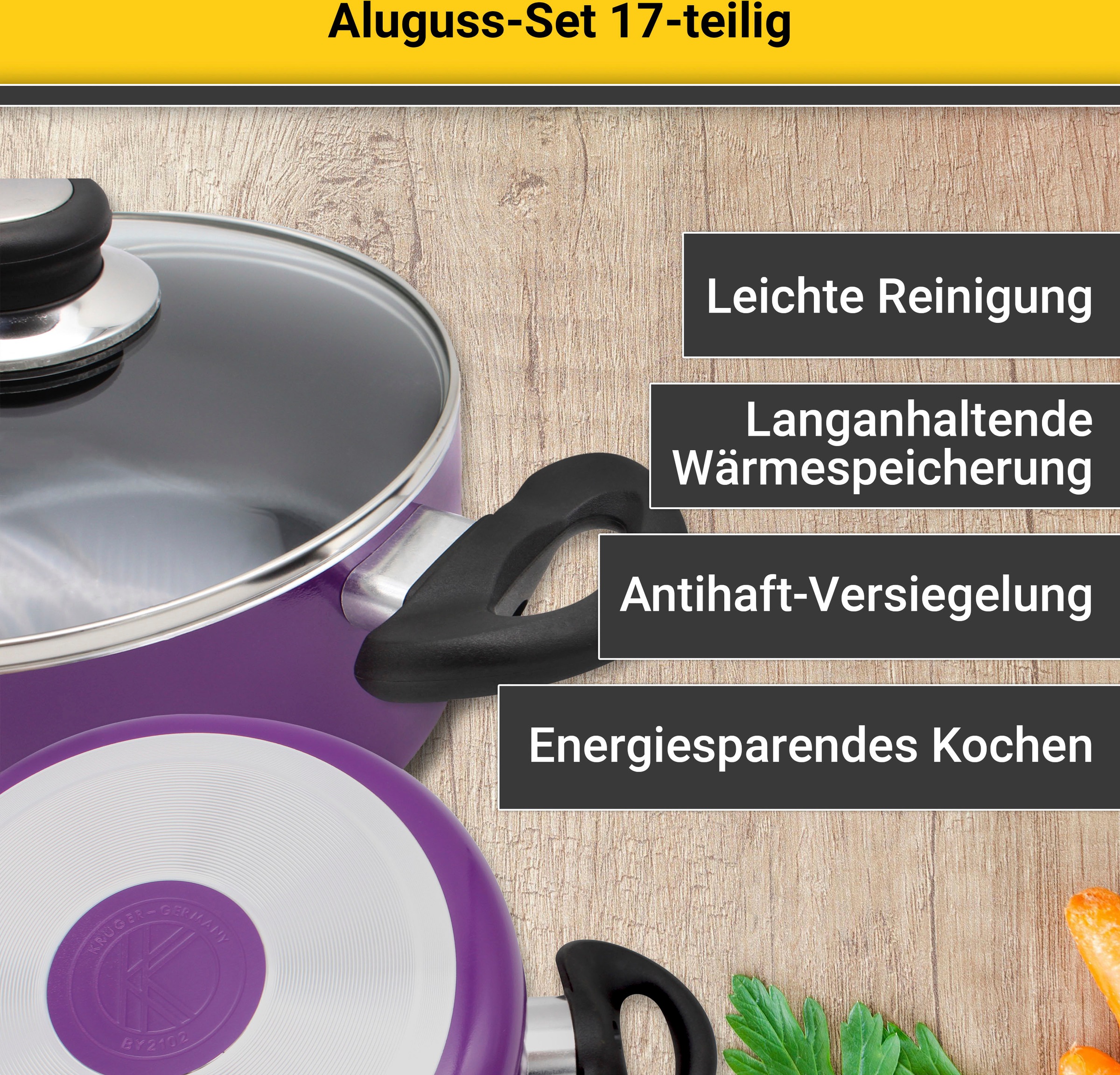 Krüger Topf-Set »Aluguss Topf- und Pfannenset inkl. praktischen Küchenhelfern, 17 tlg.«, Aluminiumguss, (Set, 17 tlg., Fleischtopf 16/18/20/24cm, Stieltopf 16cm Steakpfanne 7 T.Küchenhelfer), inkl. 7-tlg. Küchenhelfer-Set