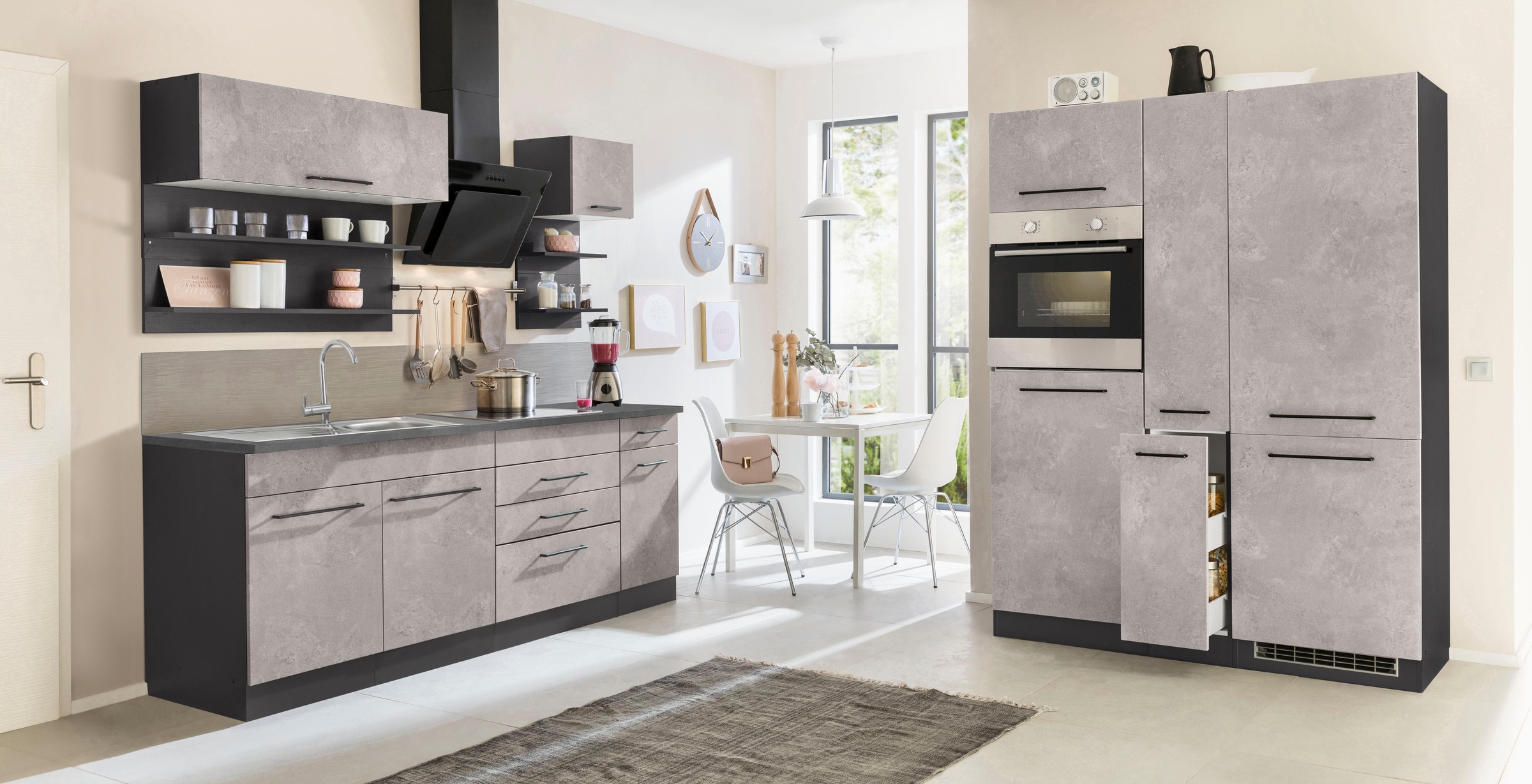 KOCHSTATION Küchenzeile »KS-Tulsa«, mit E-Geräten, Breite 360 cm, schwarze Metallgriffe, MDF Fronten