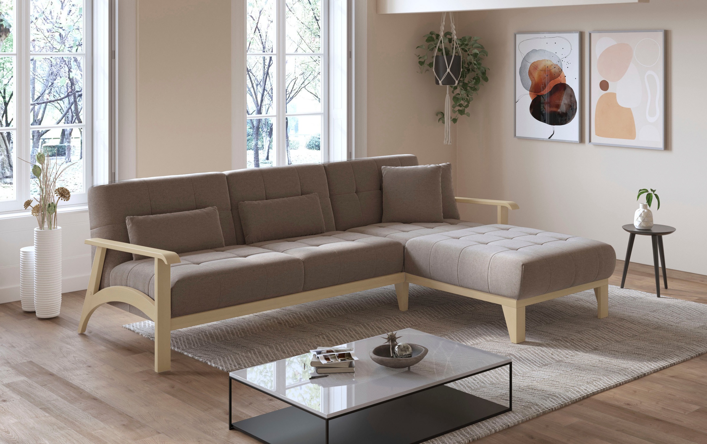 sit&more Ecksofa »Billund L-Form«, Armlehnen aus Buchenholz in natur, verschiedene Bezüge und Farben