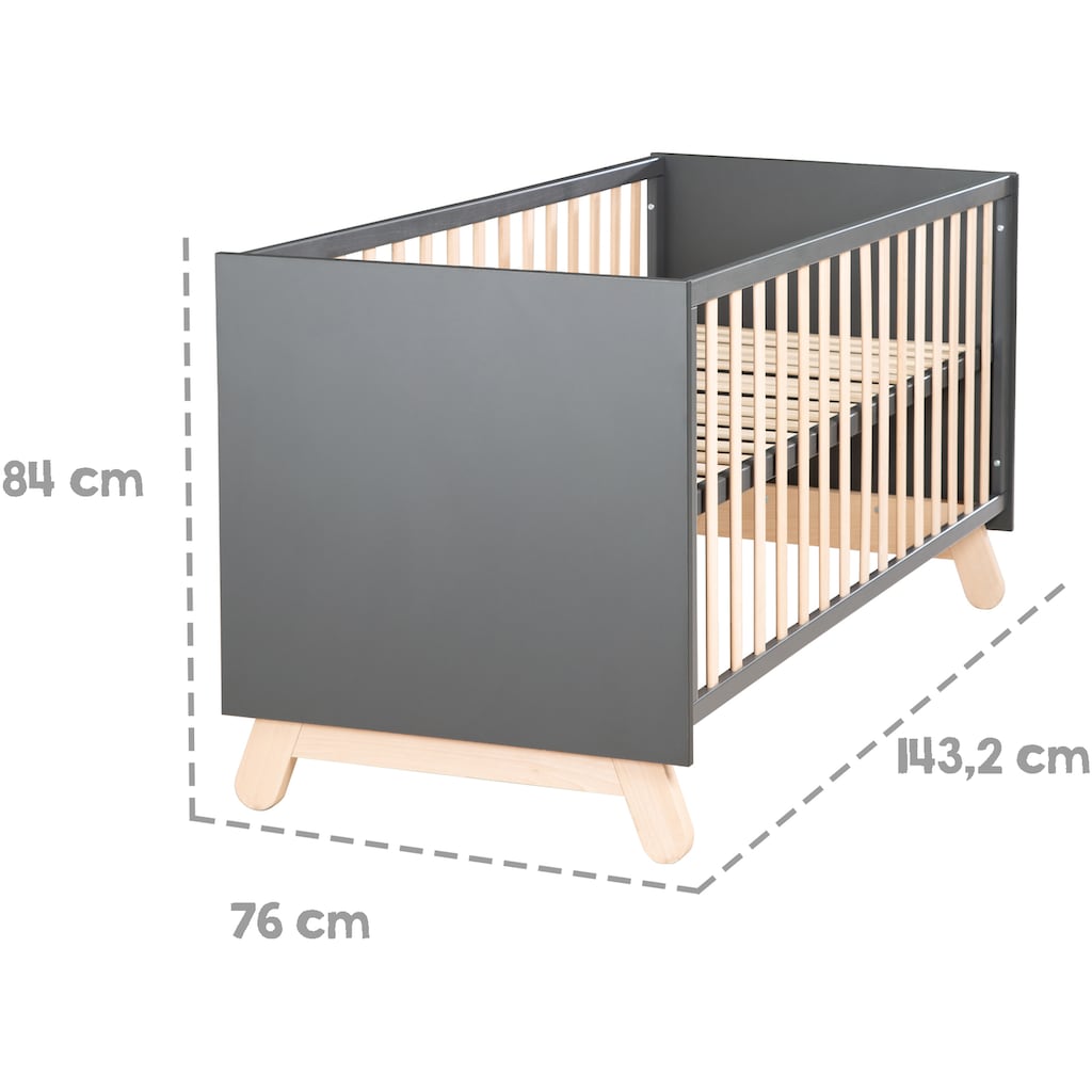 roba® Babybett »Kombi-Kinderbett Jara, Anthrazit«, mit Gittersprossen und Füßen aus massiver Buche; Made in Europe