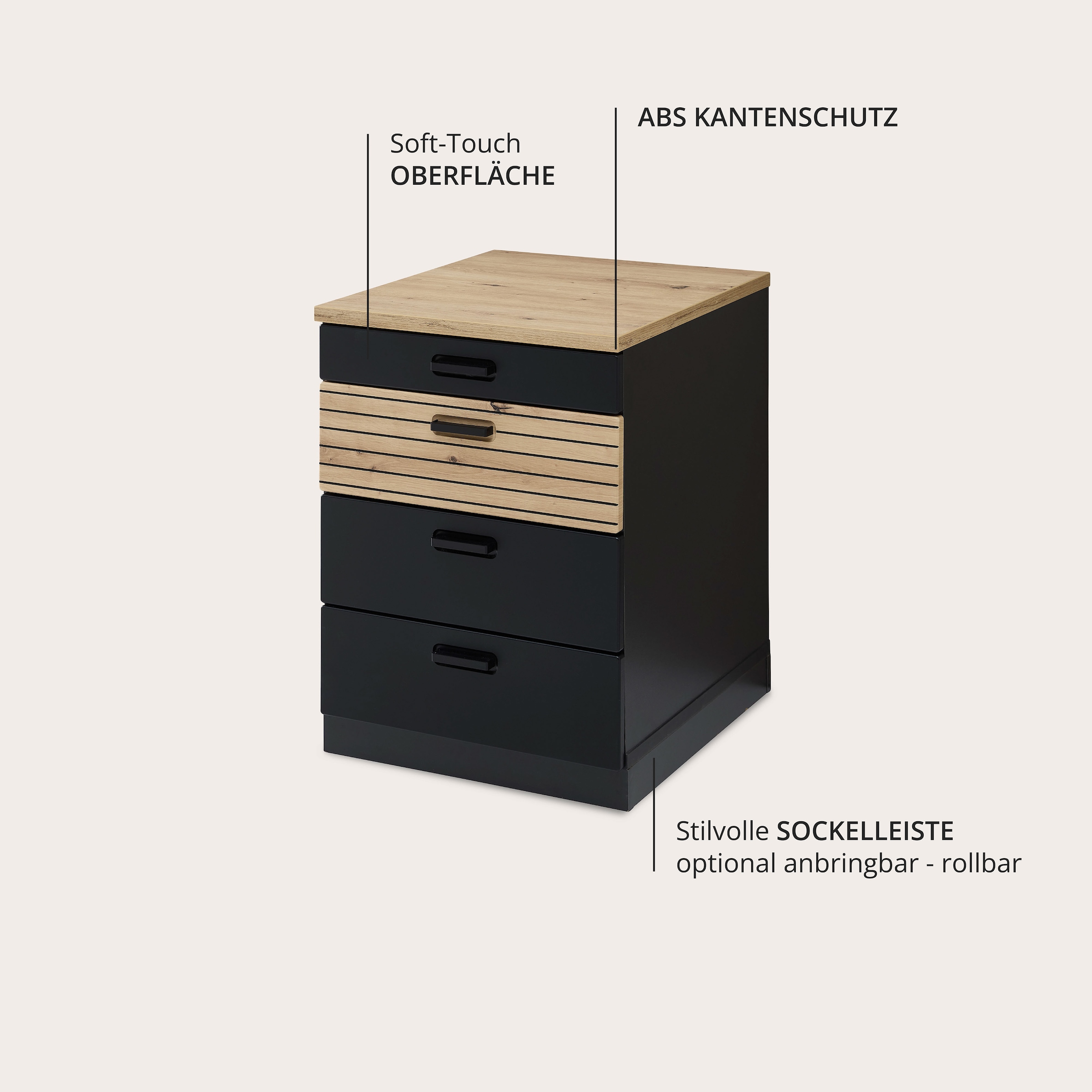 Innostyle Rollcontainer »Rollcontainer Glenn, 45 x 66 x 55 cm (B/H/T)« 1 Stk. tlg. inkl. Filzeinlage, 4 Rollen(2 mit Bremsen) oder Sockel, SK Soft-Close