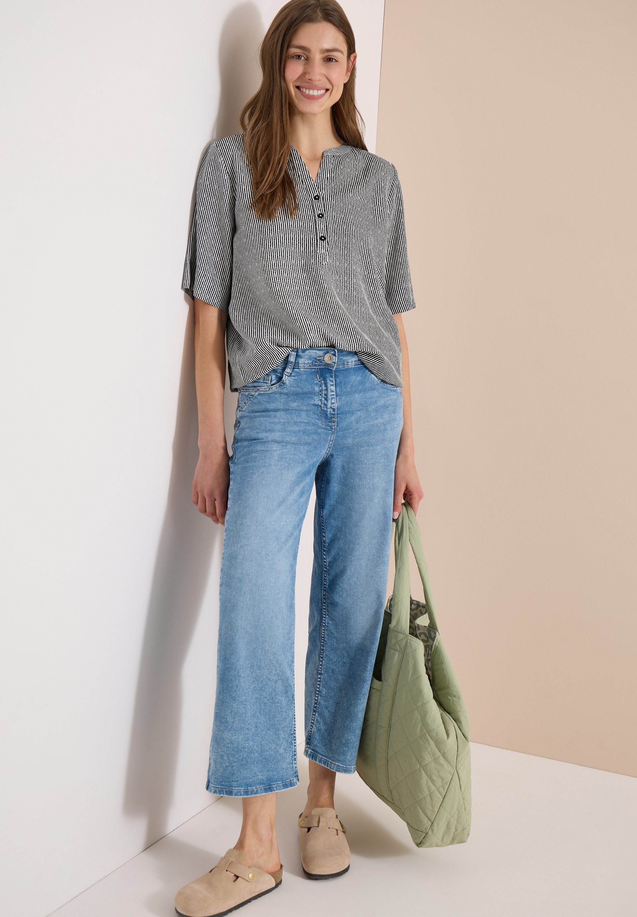 Cecil Kurzarmbluse Sommerbluse mit Split Neck und Streifen