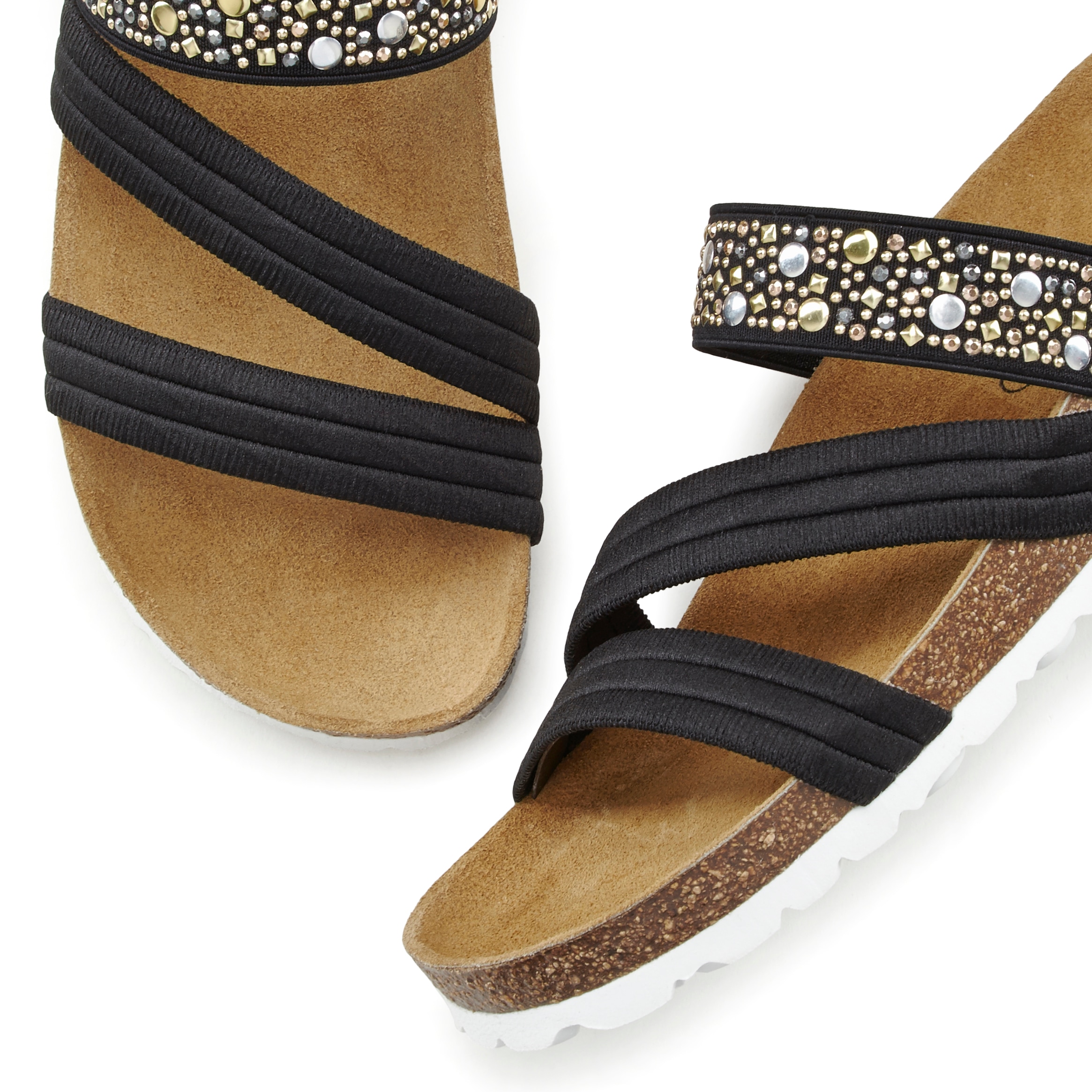 LASCANA Pantolette, Mule, Sandale, offener Schuh, Stretchbändern, Korkfußbett, Keilabsatz
