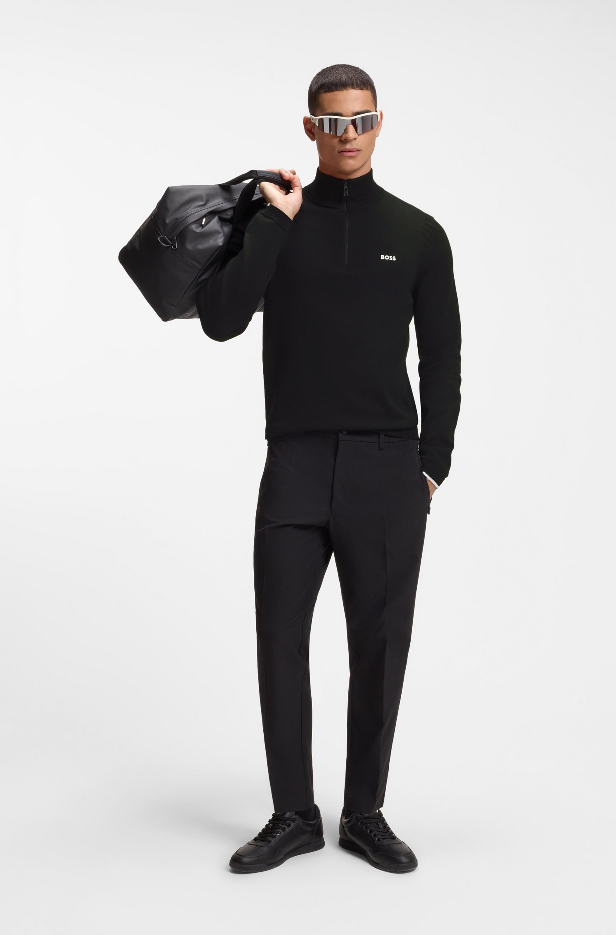 BOSS GREEN Strickpullover Stehkragen mit Reißverschluss, Regular fit, Logo-Print