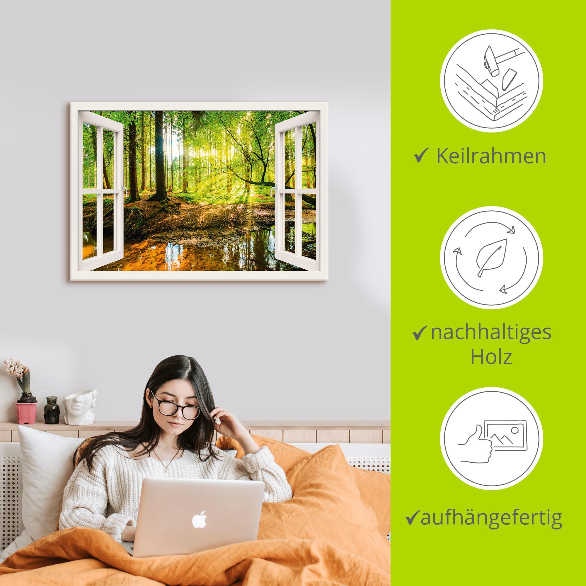 Artland Wandbild »Fensterblick - Wald mit Bach«, Wald, (1 St.), als Leinwandbild, Poster, Wandaufkleber in verschied. Größen