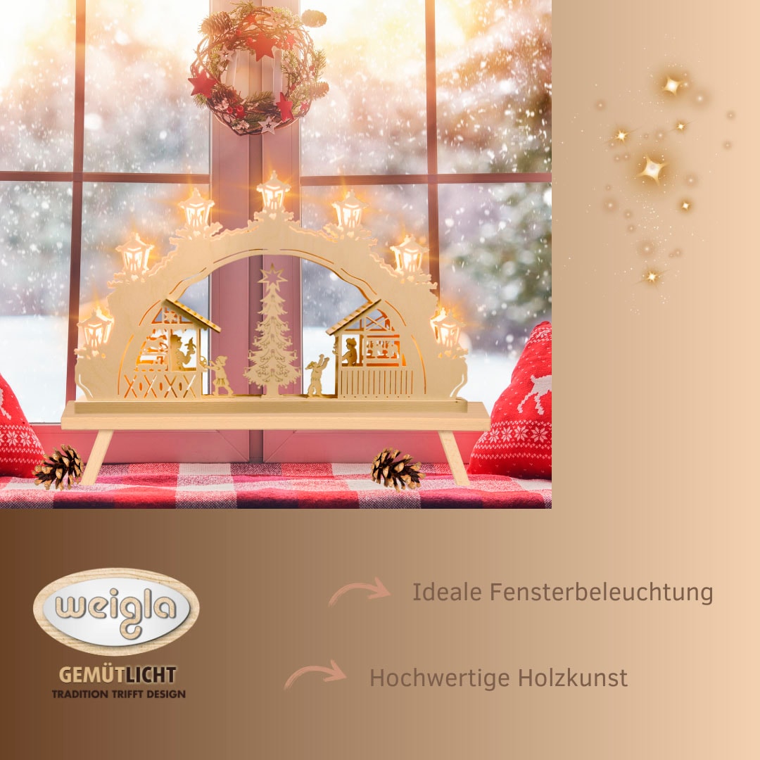 Weigla LED Schwibbogen »Weihnachtsmarkt, Lichterbogen aus Holz, NATUR«, Erzgebirge garantiert, Weihnachtsdeko Innen, Weihnachtsbeleuchtung