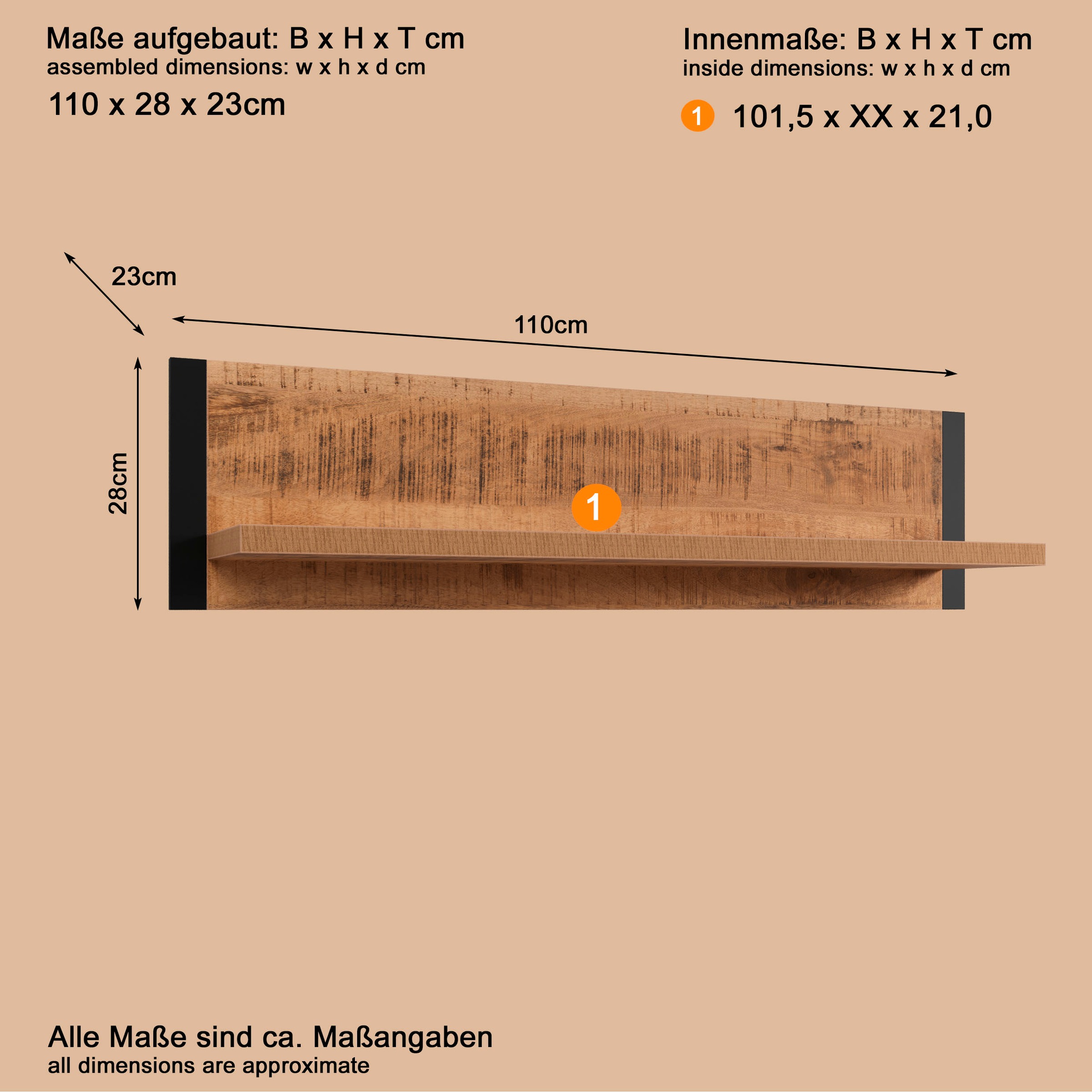 Home affaire Wandregal »Elda« 1 Stk. tlg. Wandboard für Dein Wohnzimmer oder Flur – (B/T/H) 110/23/28 cm