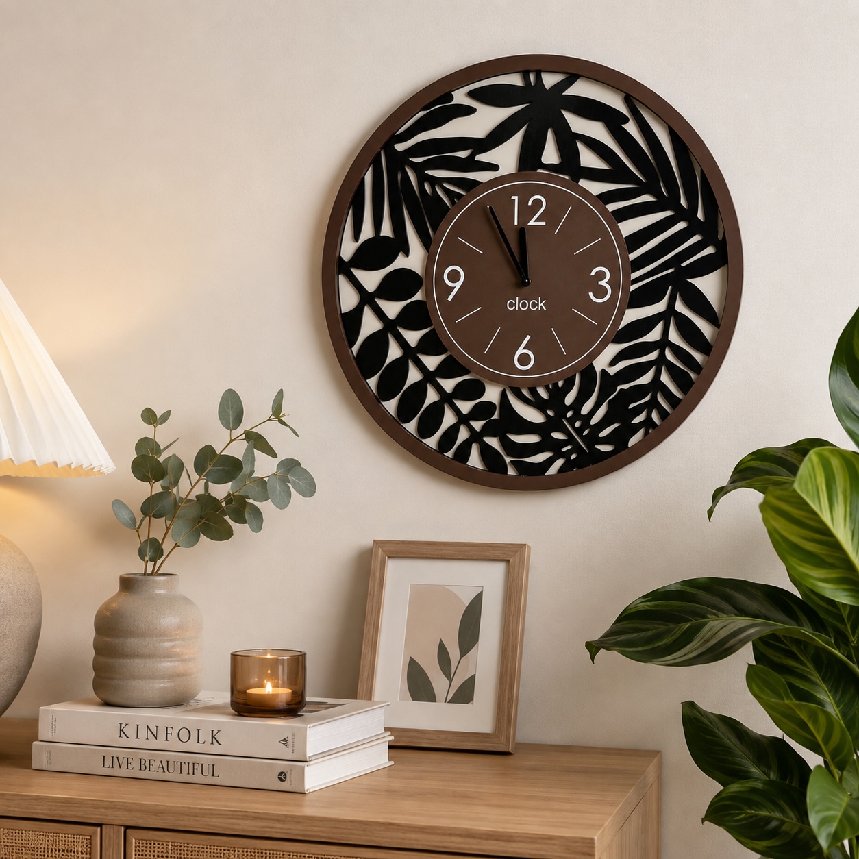 OTTO home Uhr »dekoratives Blattmotiv, aus MDF gefertigt« runde, große Wanduhr mit Quarzuhrwerk, ca.49cm