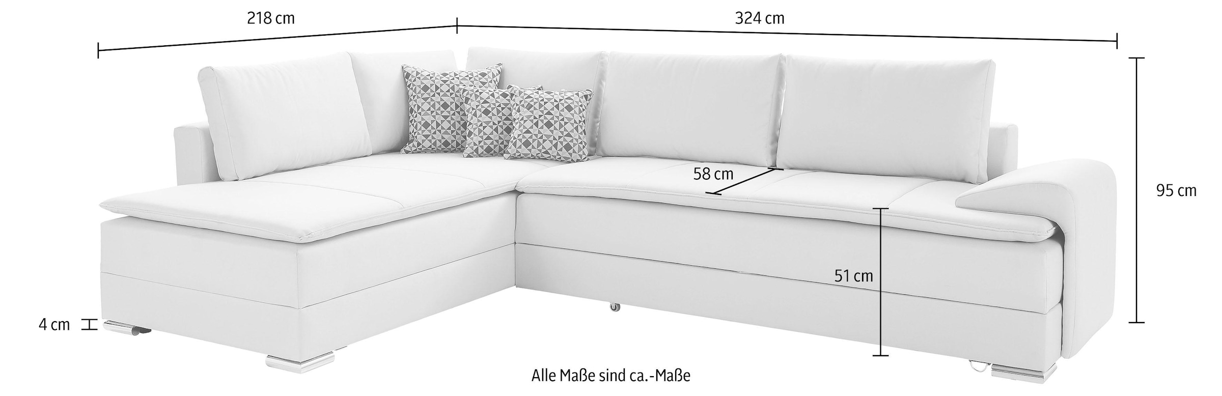 INOSIGN Ecksofa »Night & Day L-Form, B: 324 cm«, mit Bettfunktion, Bettkasten & 3 Zierkissen, Boxspringbett 180x200 cm