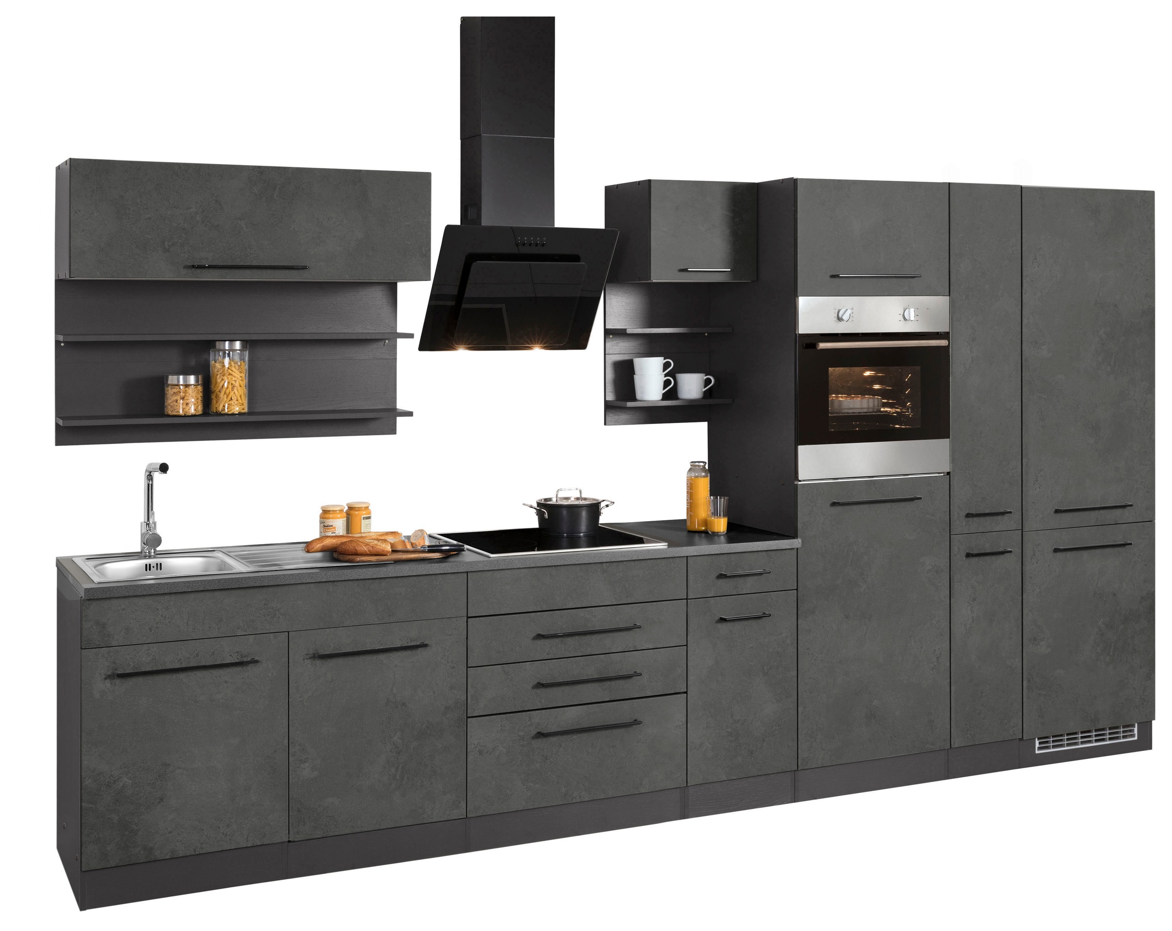 KOCHSTATION Küchenzeile »KS-Tulsa«, ohne E-Geräte, Breite 360 cm, schwarze Metallgriffe, MDF Fronten