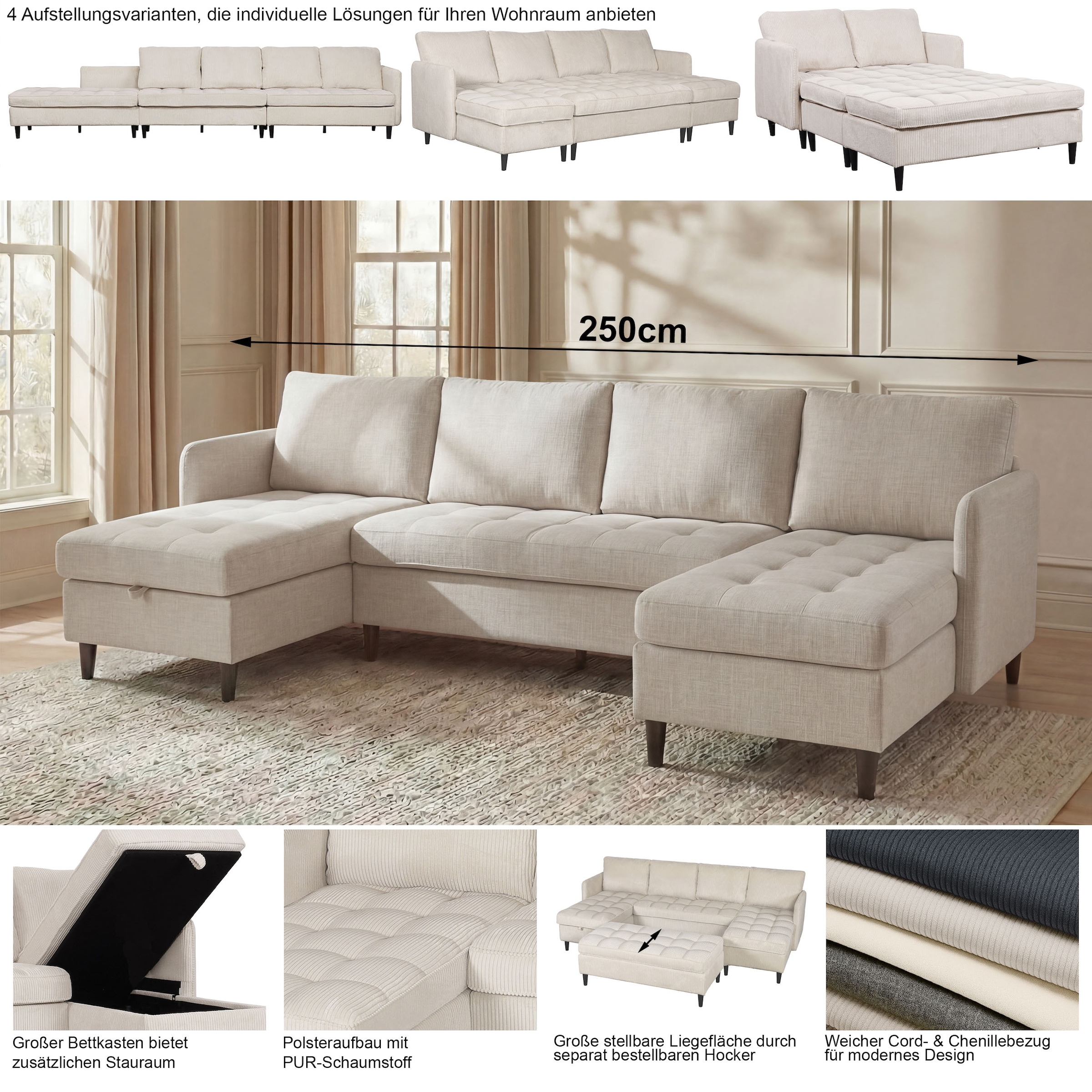 Dorel Home Wohnlandschaft »LINDHUS, Cord, Modulsofa, verschiedene Stellvarianten« Breite als U-Form (254cm) mit Verbindern fixierbar, Recamiere,Stauraum