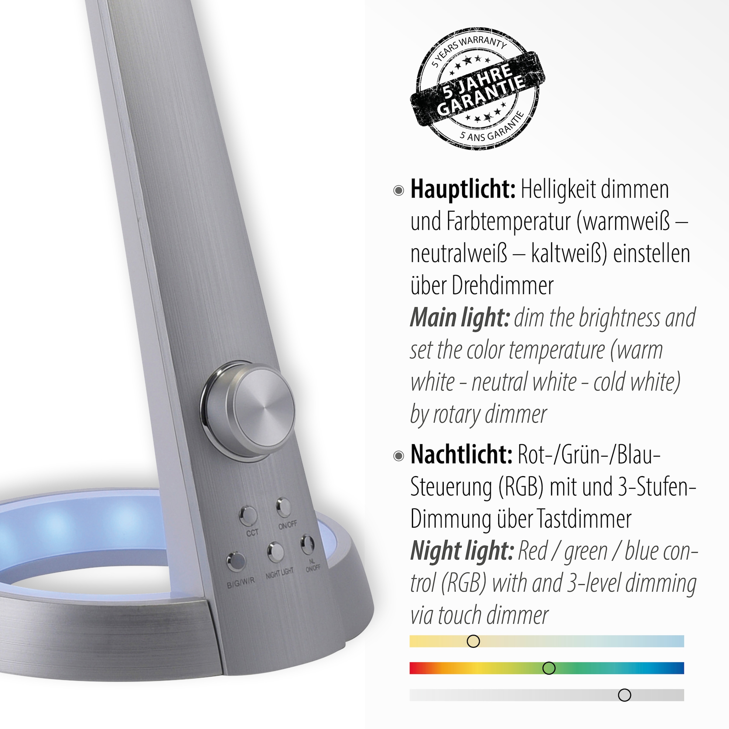 Paul Neuhaus Tischleuchte »BILL« LED-Board 1 Stk. warmweiß - kaltweiß CCT - tunable white, dimmbar über Drehdimmer, RGB, getrennt schaltbar