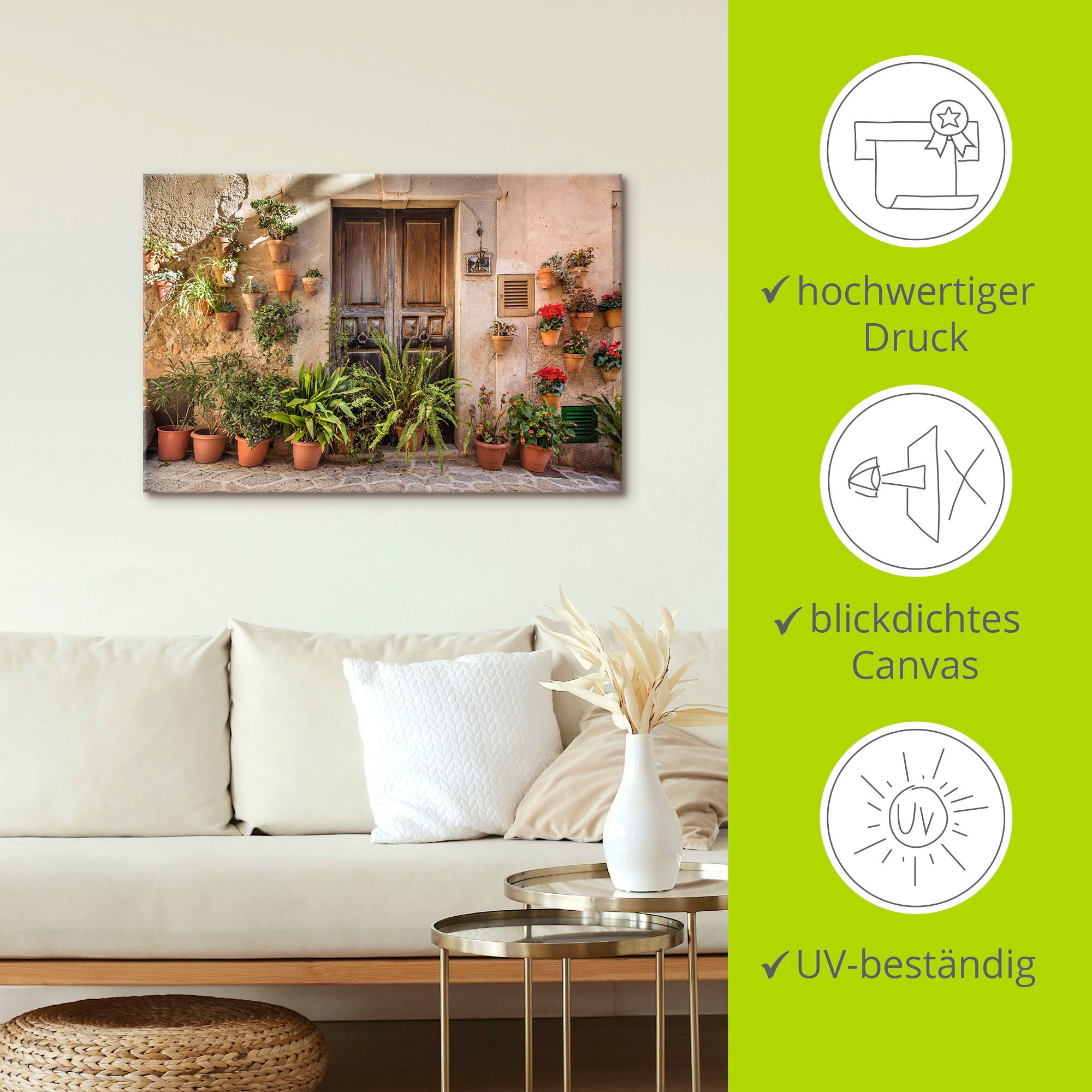 Artland Wandbild »Altstadtgasse Mallorca, Spanien«, Pflanzenbilder, (1 St.), als Alubild, Outdoorbild, Leinwandbild, Poster, Wandaufkleber