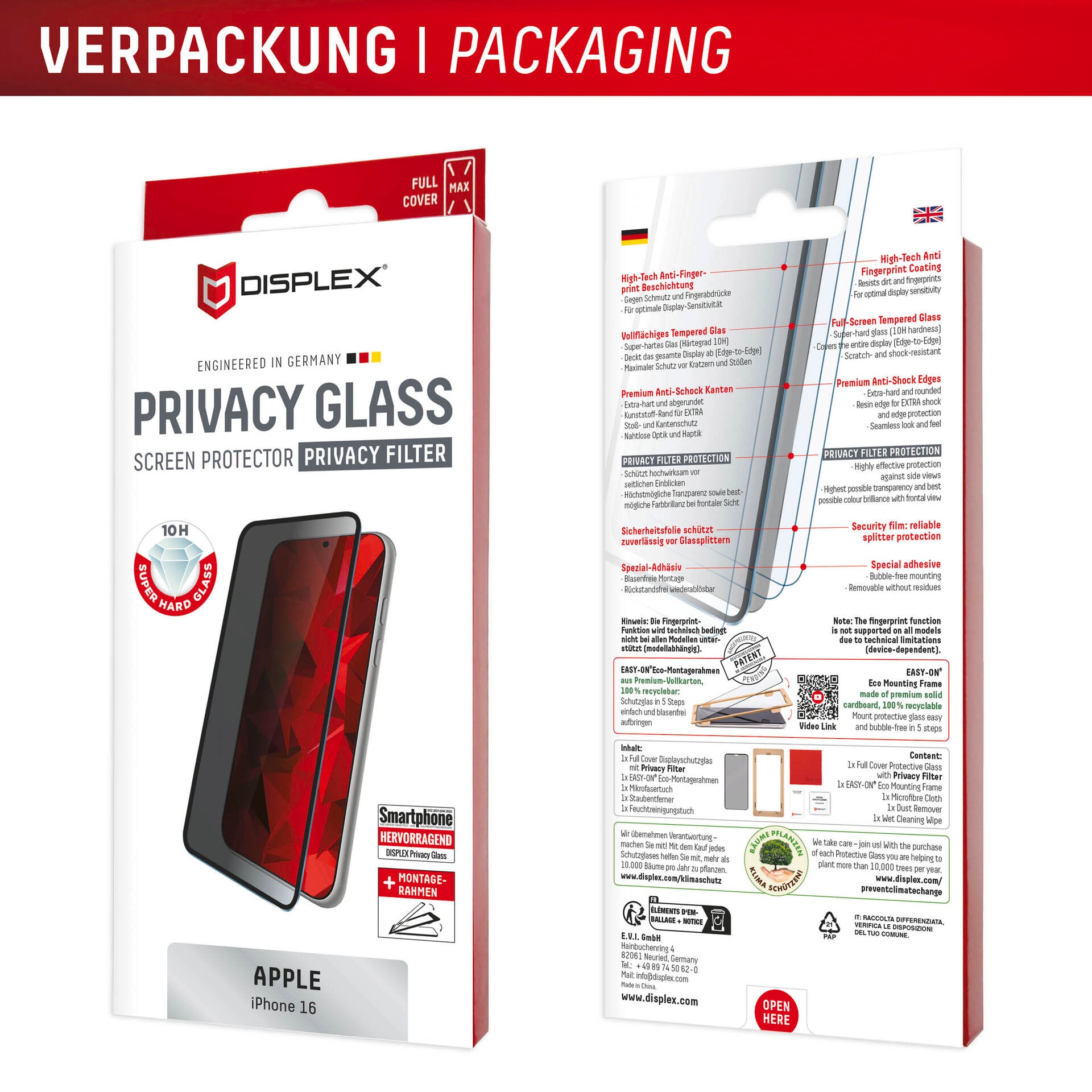 Displex Displayschutzglas »Privacy Glass Full Cover« für Apple iPhone 16 1 Stk. tlg. Displayschutzfolie, Schutzfolie, Bildschirmschutz, kratz- & stoßfest