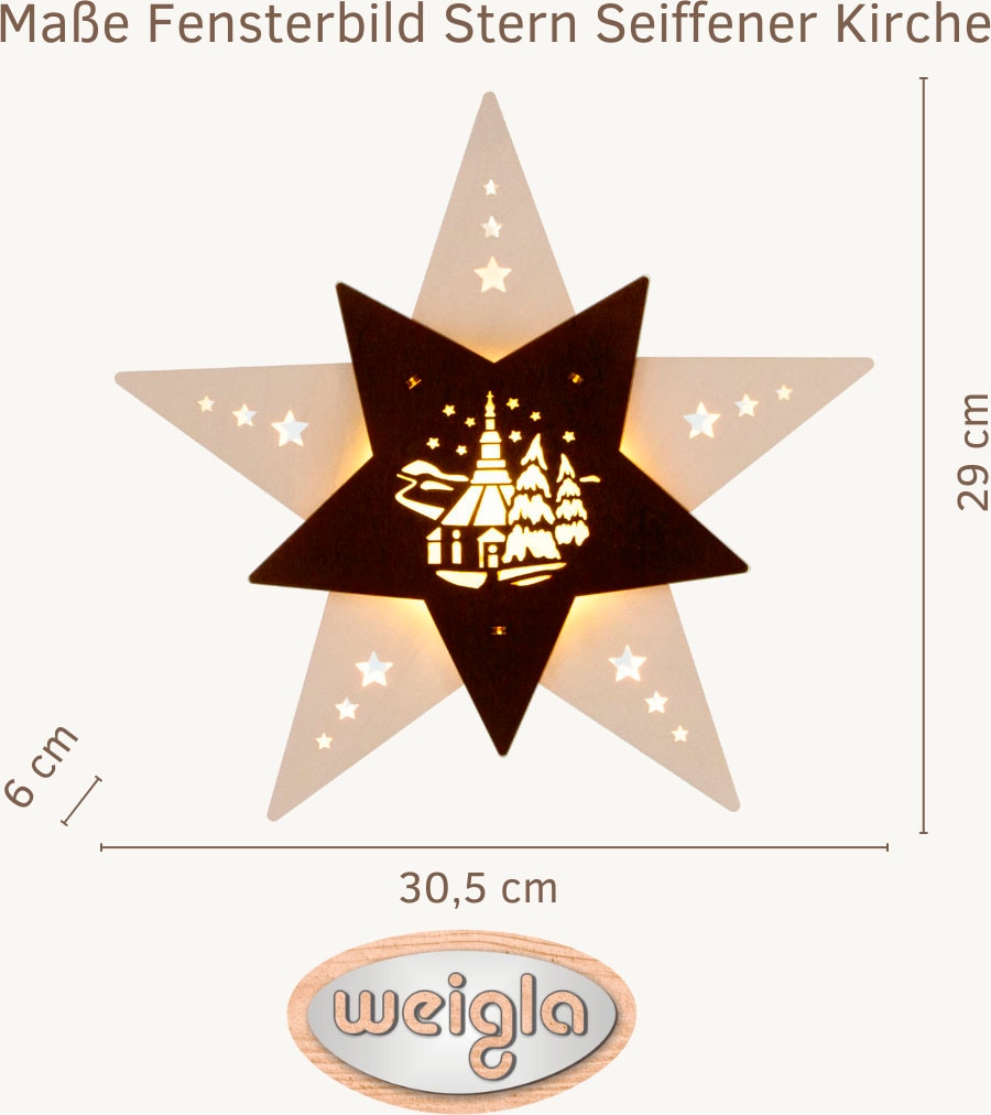 Weigla Dekostern »LED Seiffener Kirche, beleuchtetes Fensterbild, Weiẞ-BRAUN«, (1 St.), Erzgebirge garantiert, Weihnachtsdeko Innen, Weihnachtsbeleuchtung