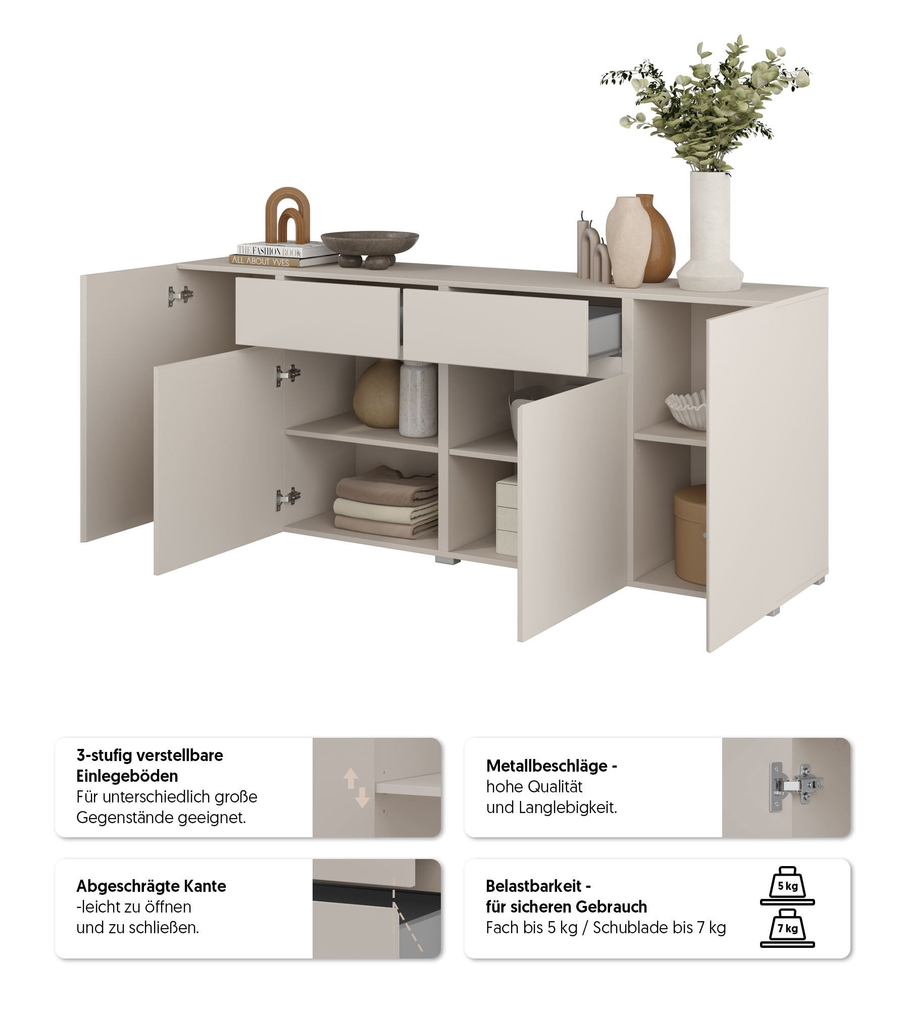 OTTO home Sideboard »Metric,Breite 195 cm, grifflose Kommode 4 Türen/2 Schubkästen« Schubladenschrank mit viel Stauraum, Einlegeböden verstellbar