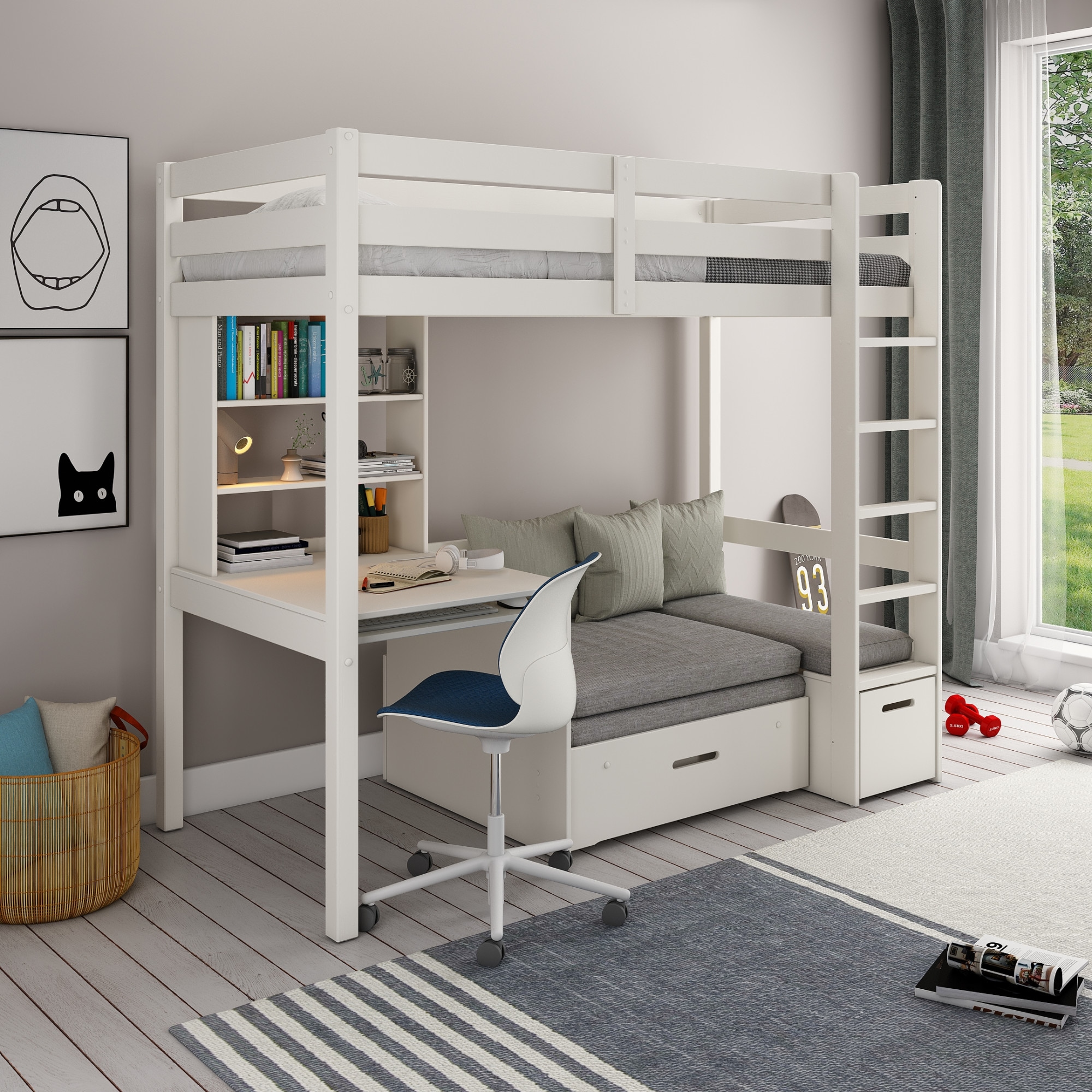Lüttenhütt Etagenbett »Stockbett, Doppelstockbett "HENNE " zertifiziertes Massivholz«, mit Schreibtisch, Regale, ausziehbarem Sessel,OHNE MATRATZEN/AUFLAGEN!