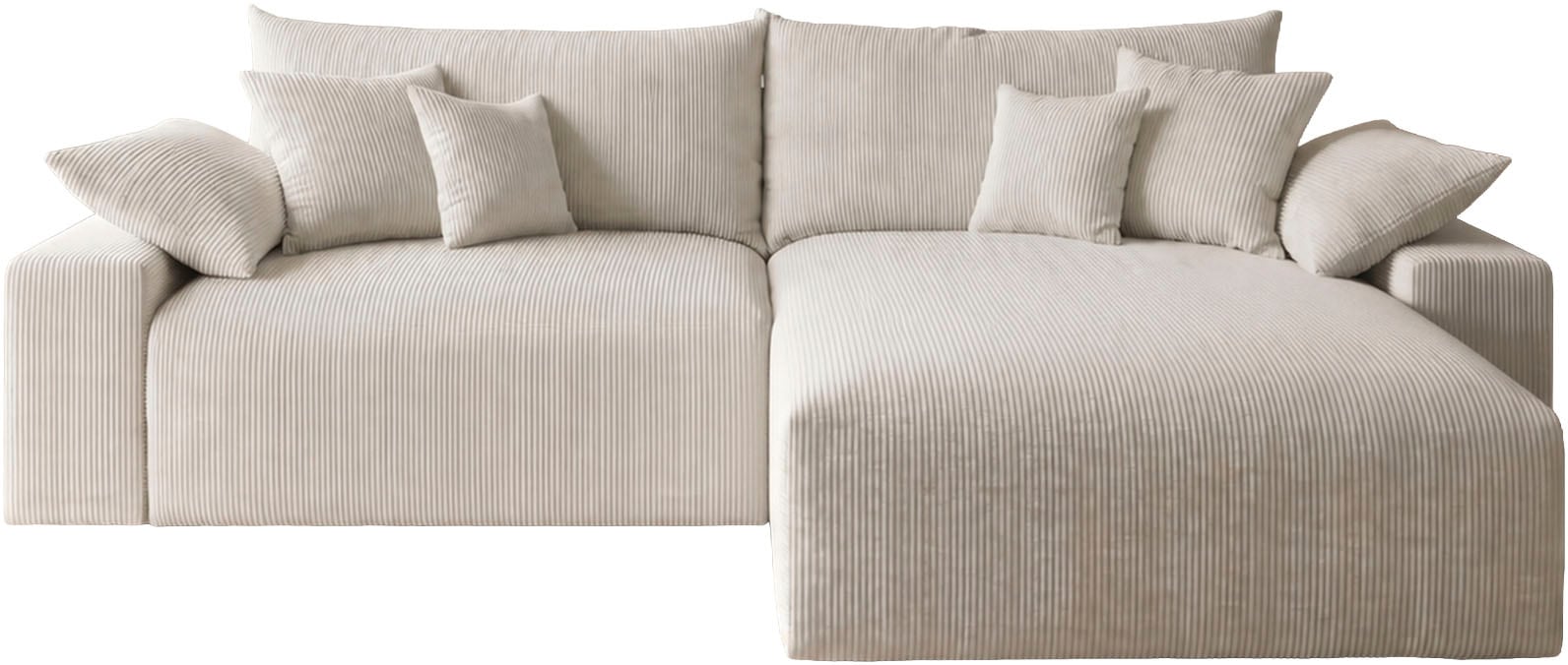 OTTO home Ecksofa »Amici L-Form, B: 302 cm, Mega-Sofa in Boucle und Cord« Couch mit Federkern & 6 Zierkissen, frei stellbar