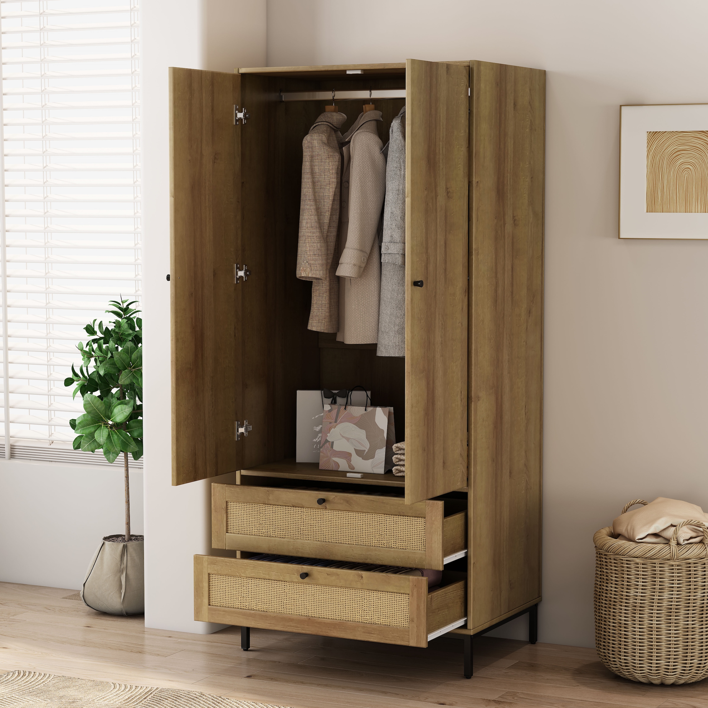 OTTO home Kleiderschrank »Motala Schlafzimmerschrank Garderobe Boho Eichen-Design Bestseller« Moderne schwarze Griffe, Schublade mit Geflecht,  Schlafzimmerschrank mit 2 Türen und 2 Schubladen