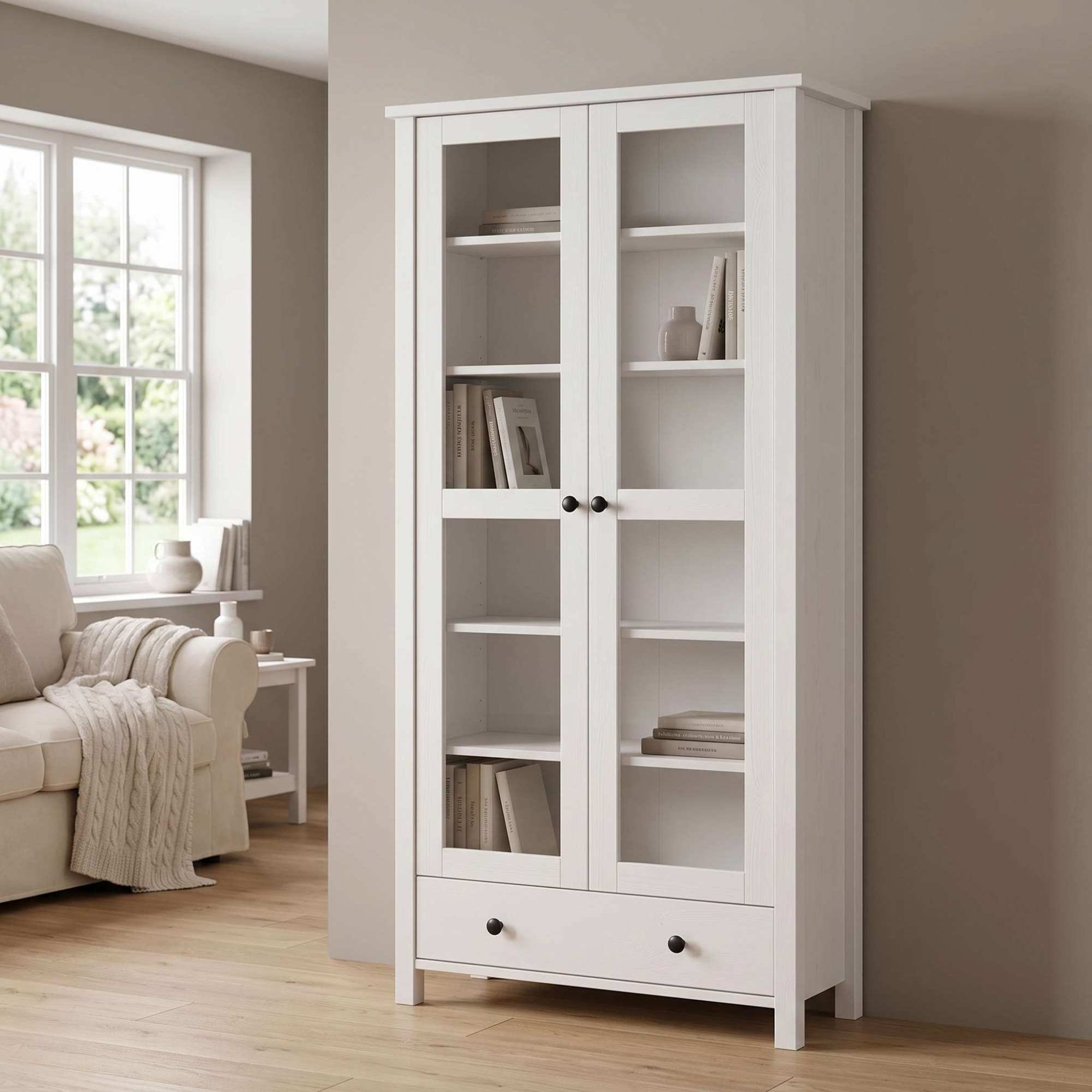 OTTO home Vitrine »Mikkeli Glasvitrine mit 1 Schubkasten, Knopfgriffen aus Metall« aus massiver FSC®-zertifizierter Kiefer, moderner Landhausstil