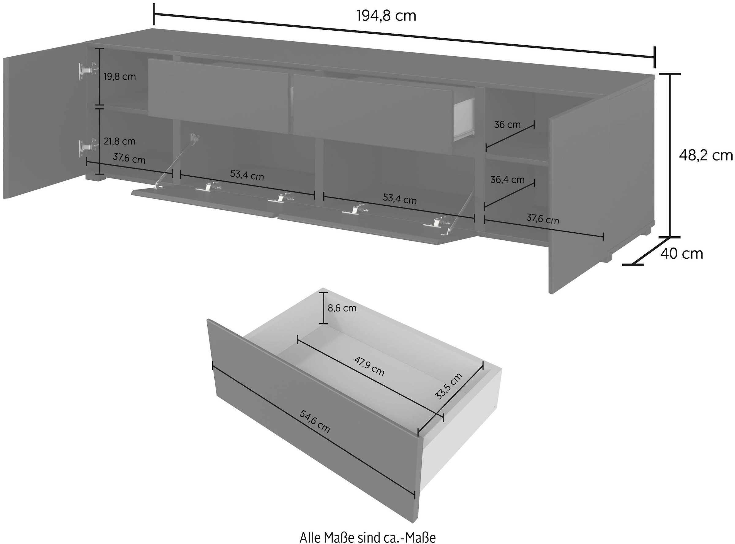INOSIGN Lowboard »Metric,Breite 195cm, grifflose Lowboard 2Klappen/2Schubkästen/2Tür« TV-Schrank mit viel Stauraum, TV-Board