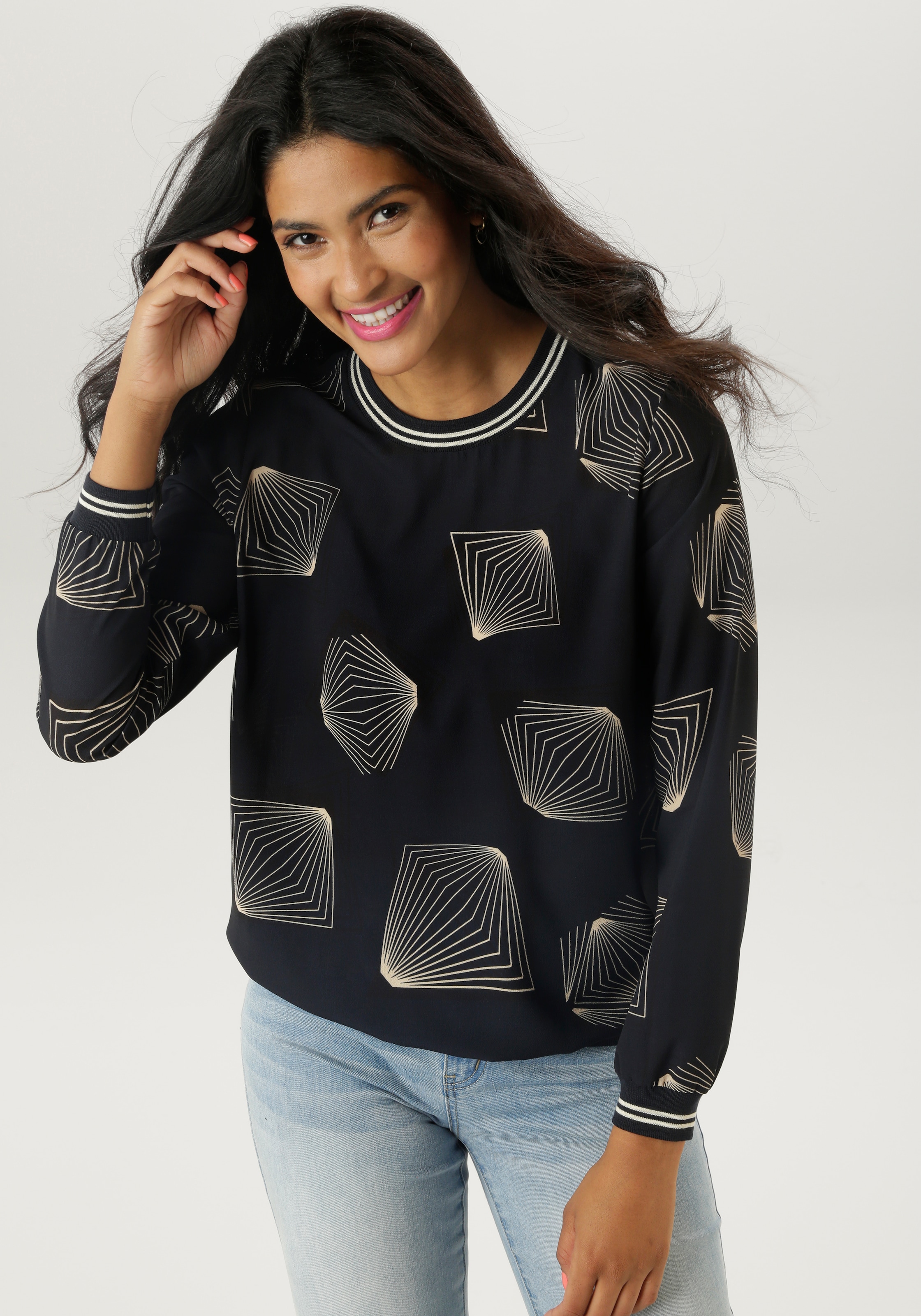 Aniston Selected Damen Shirtbluse mit sportiven Bündchen in schwarz, Größe 40