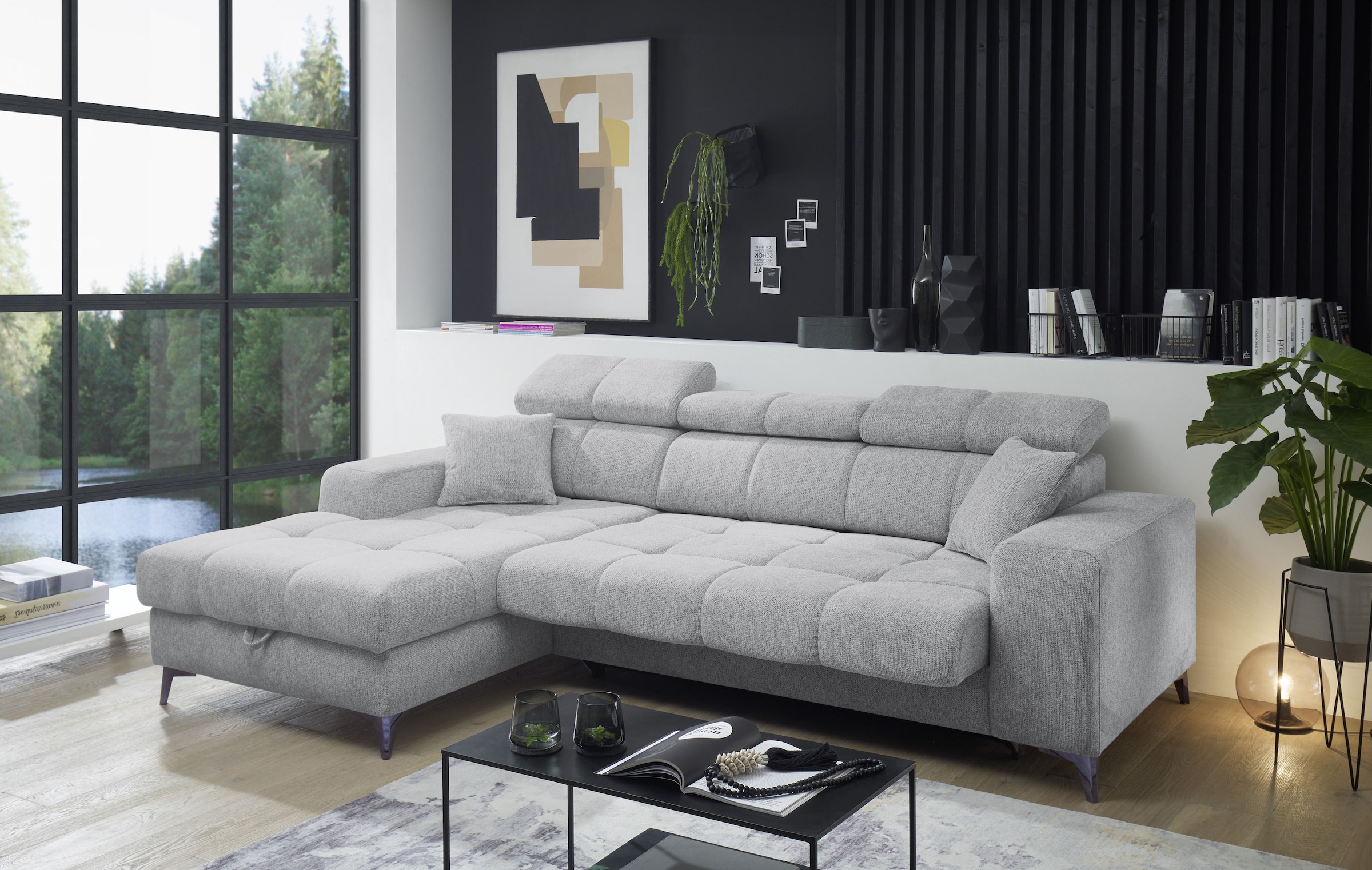 ED EXCITING DESIGN Ecksofa »Sydney L-Form mit Bettfunktion, Bettkasten, Kopfteilverstellung« motorischer Sitztiefenverstellung, USB-Port & 2 Zierkissen
