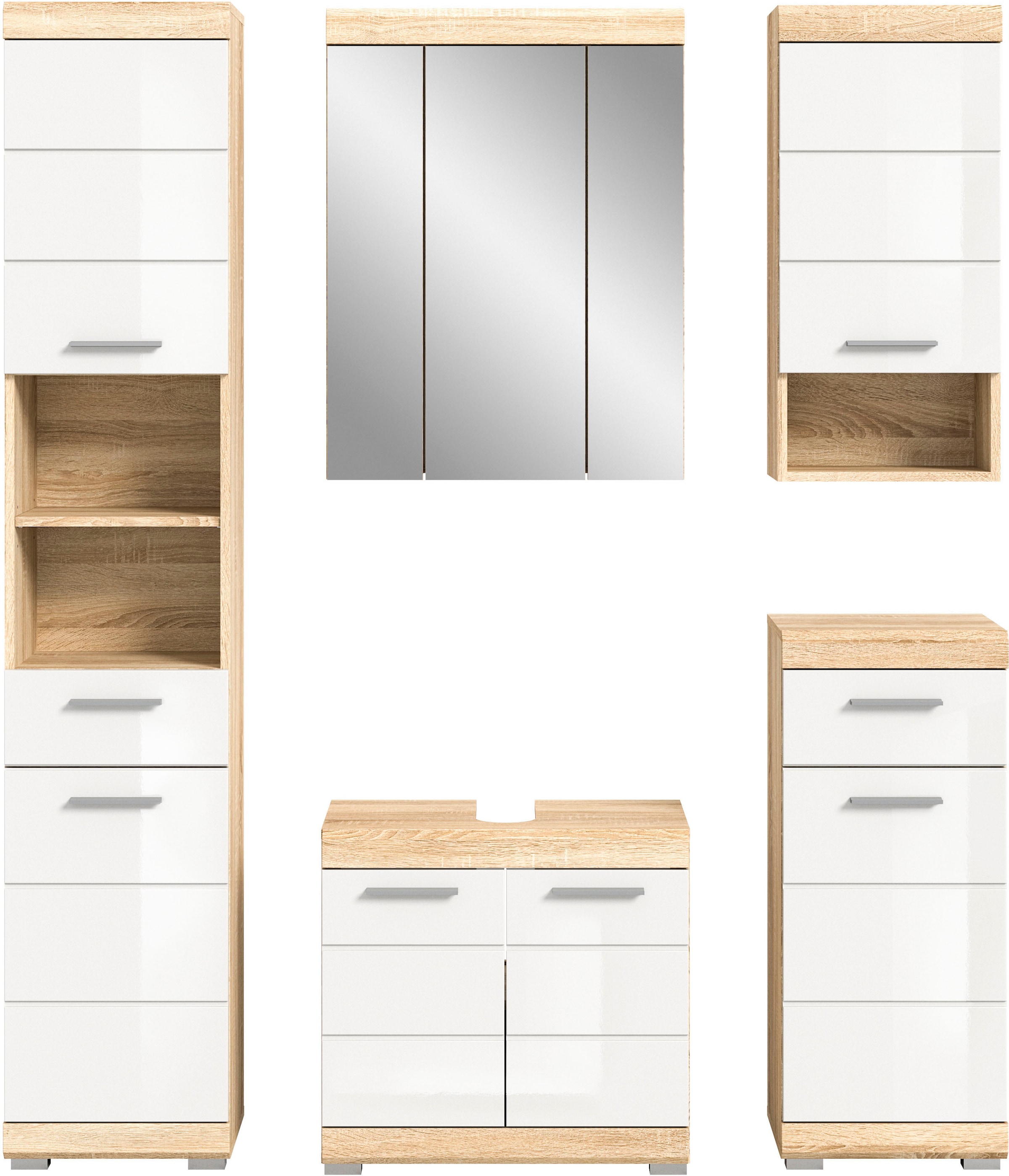 INOSIGN Badmöbel-Set »Siena, 5 teilig, bestehend aus:«, (Set, 5 St., TOPSELLER!), Hochschrank, WBU, Spiegelschrank, Unterschrank, Hängeschrank