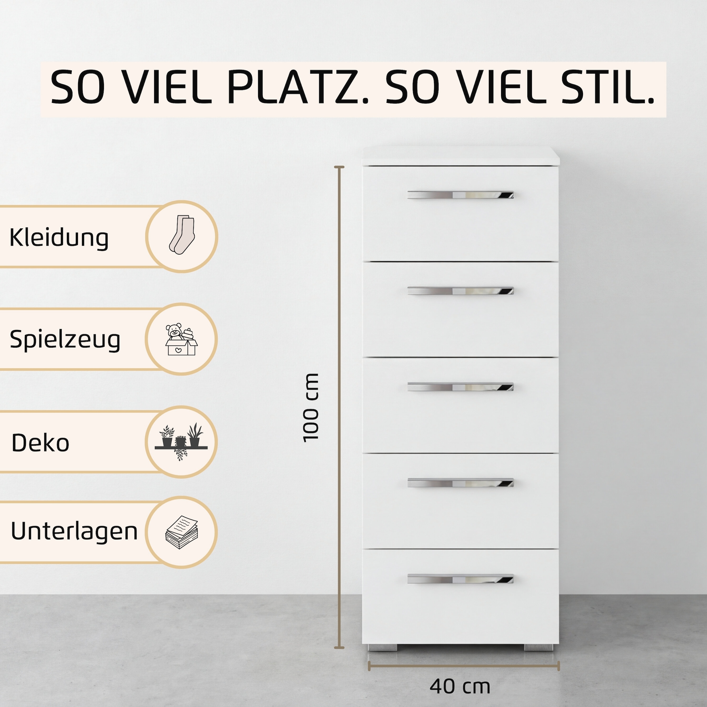 rauch Schubkastenkommode »Highboard Sideboard Kommode MONTCLAR Frontauswahl Dekor/Hochglanz/Glas« in 2 Breiten: 40 oder 80 cm / Höhe 100 cm, inkl. Soft-Close-Funktion,  mit 5 geräumigen Schubladen, viele Griffvarianten MADE IN GERMANY