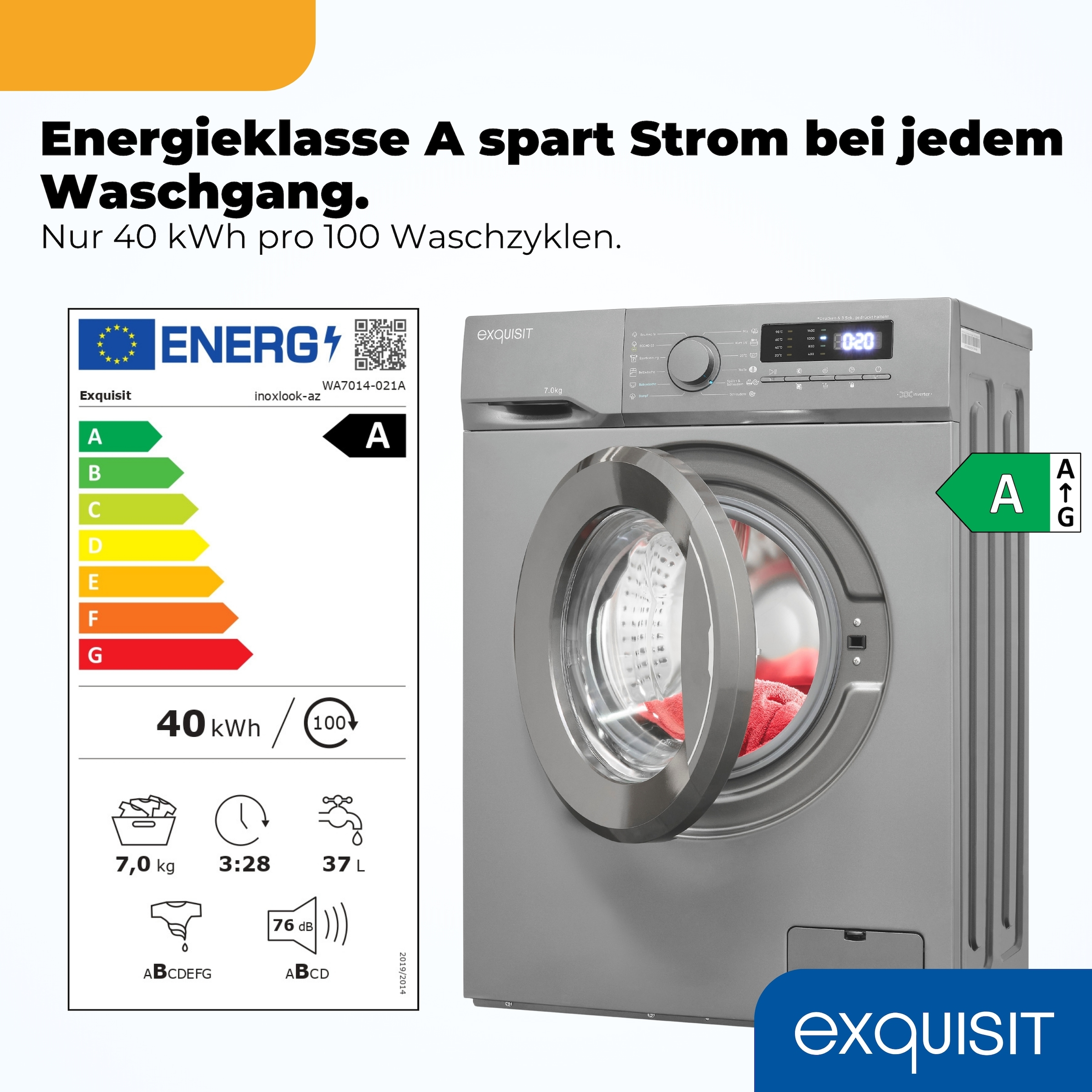 exquisit Waschmaschine »WA7014-021A inoxlook-az« 7 kg Kurzprogramm-frische Wäsche nach 15 Minuten,AquaStop-Vollwasserschutz
