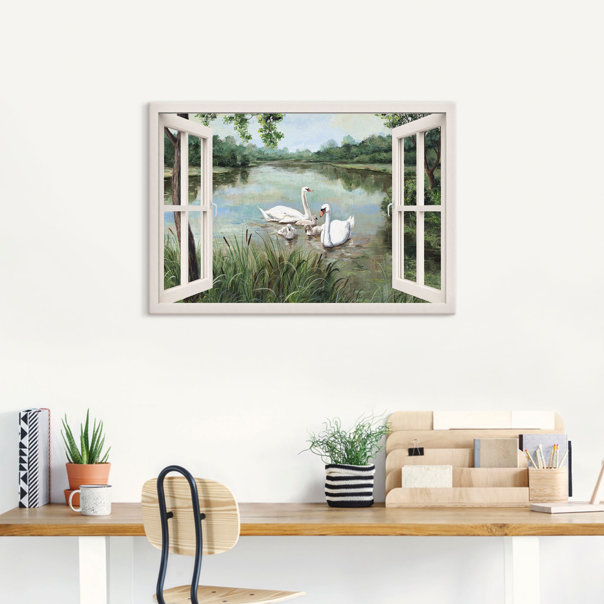Artland Wandbild »Fensterblick - Schwäne«, Vögel, (1 St.), als Alubild, Outdoorbild, Leinwandbild, Wandaufkleber, versch. Größen