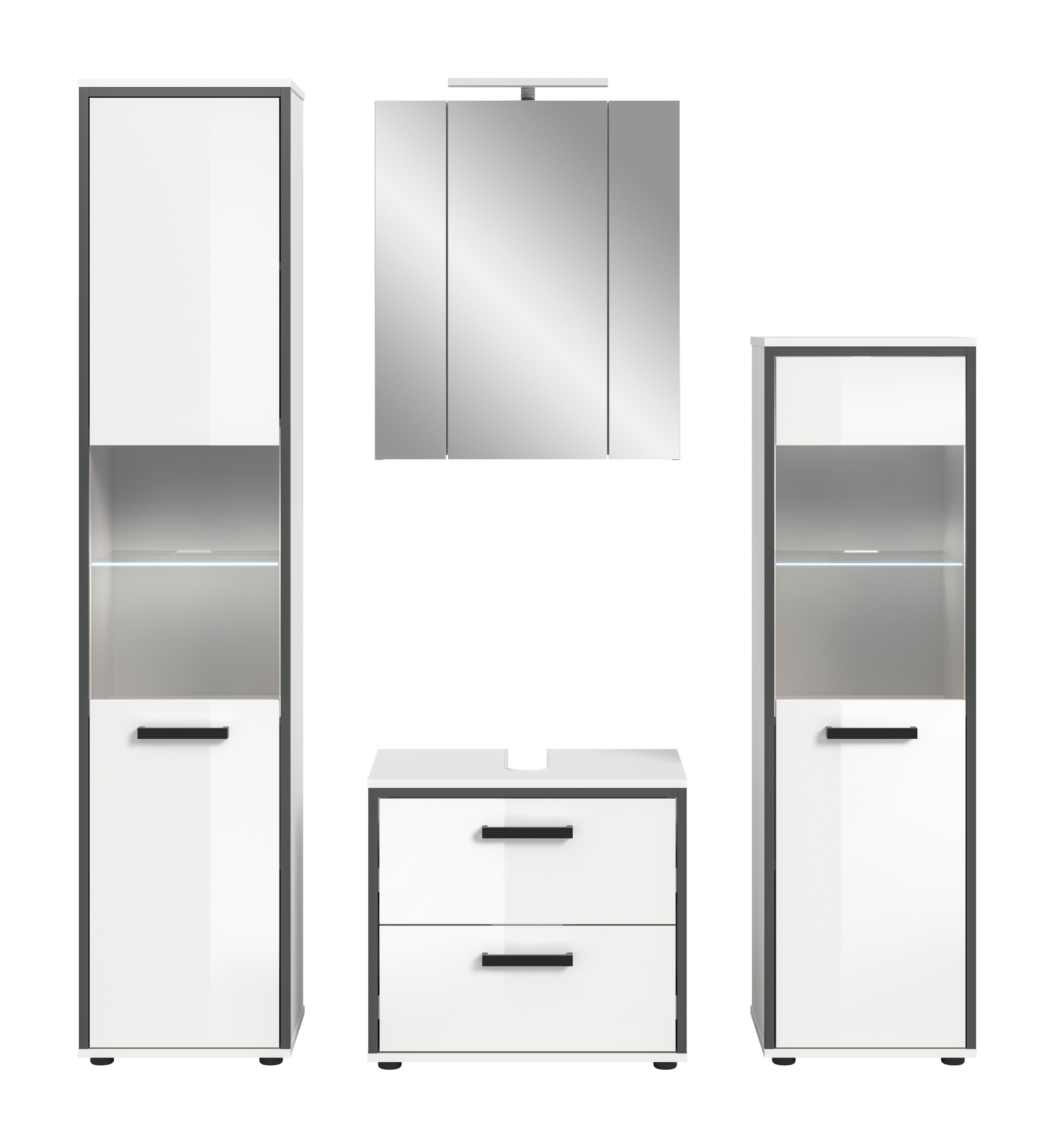 welltime Badmöbel-Set »KAJO, 4-tlg. Badkombination, weiß hochglanz inkl.Beleuchtung« Set, Set, best. aus:Hochschrank,Midischrank,WBU,Spiegelschrank,Beleuchtung, 7 Stk. tlg.