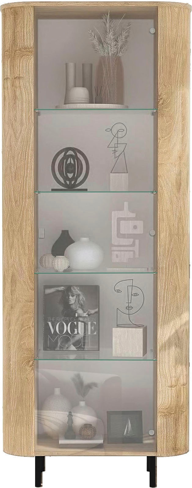 Home affaire Vitrine »Murano, Standvitrine H 200 cm, B 80 cm, 1 Tür, Vitrinenschrank« Formgebogenes MDF, Stirnseiten mit Rundung, Metallfüße, stilvoll