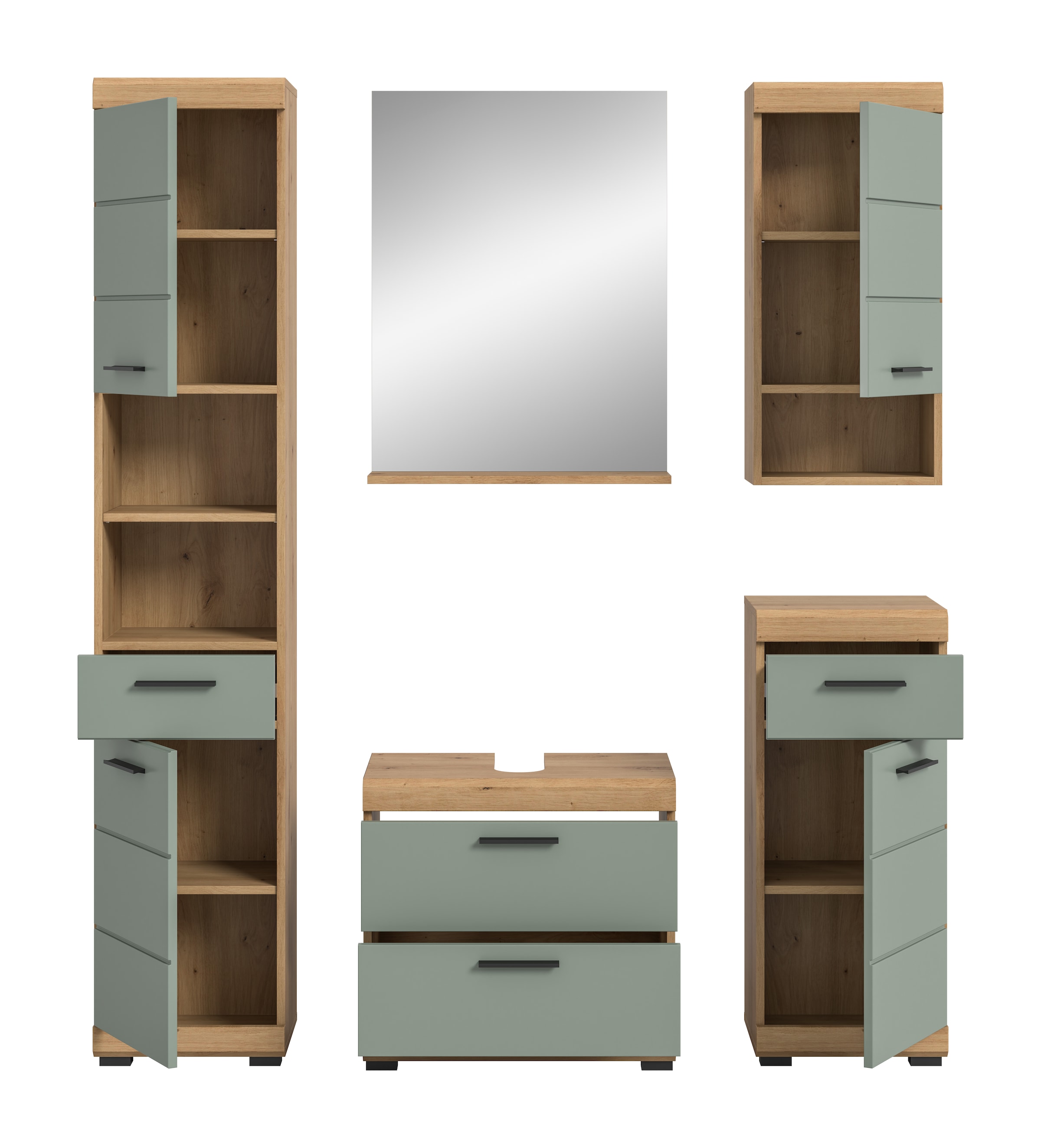 INOSIGN Badmöbel-Set »Siena, 5 teilig, bestehend aus:«, (Set, 5 St.), Hochschrank, WBU, Spiegel, Unterschrank, Hängeschrank