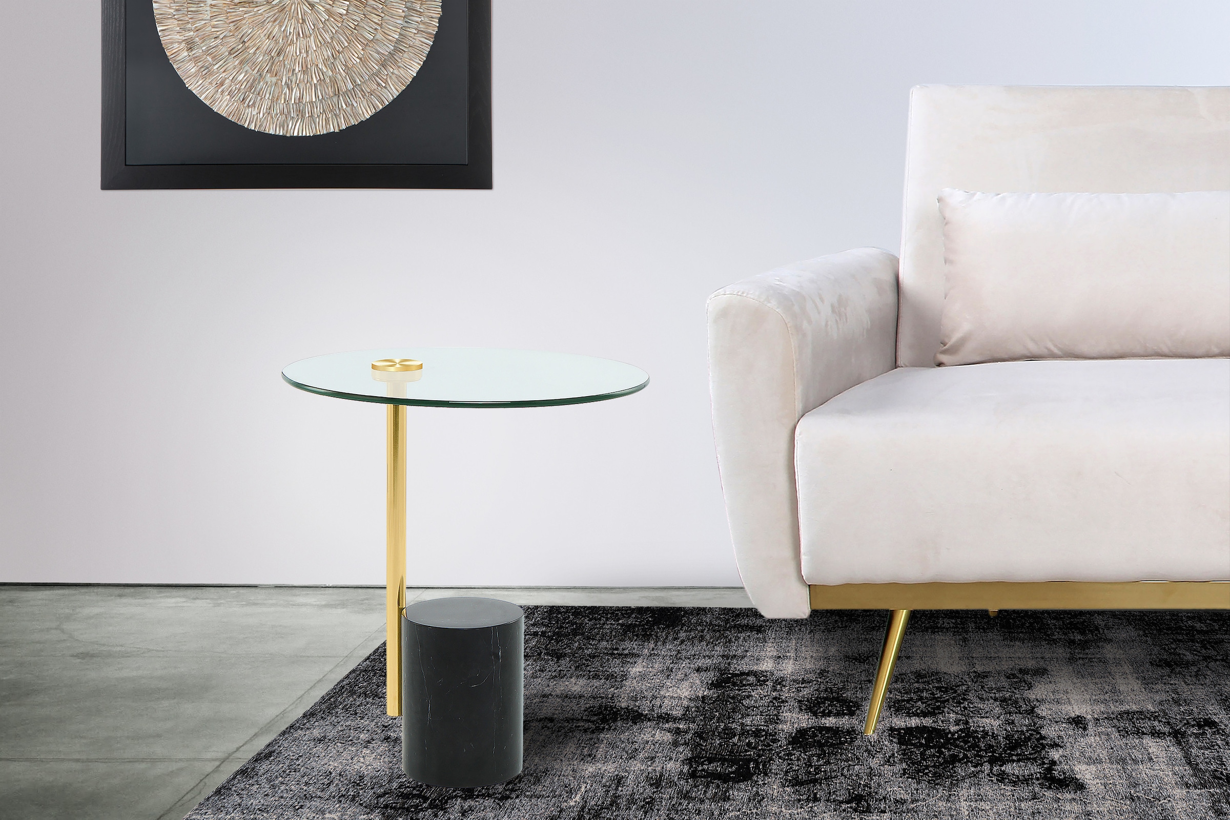 Kayoom Beistelltisch »Rosario 525, Beistelltisch in glamourösem Stil,runde Glas-Tischplatte«, (1 St.), Tischgestell in Metall-Marmor-Kombination, Sockel Ø 17 cm