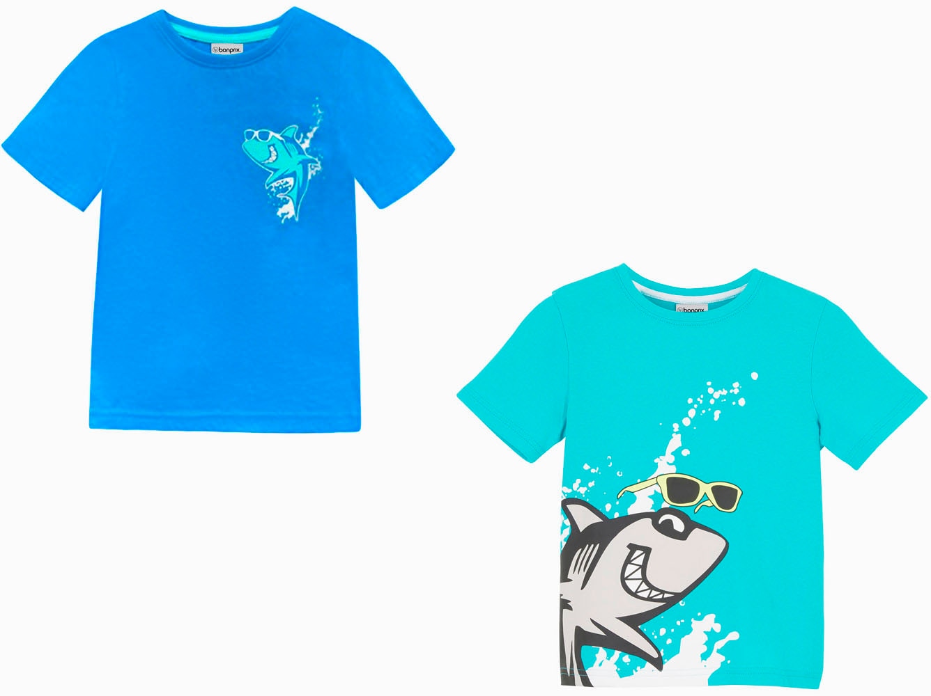 bonprix T-Shirt Packung, 2 Stk. bequeme Passform, Kurzarm, mit Haifisch-Druck, aus Baumwolle