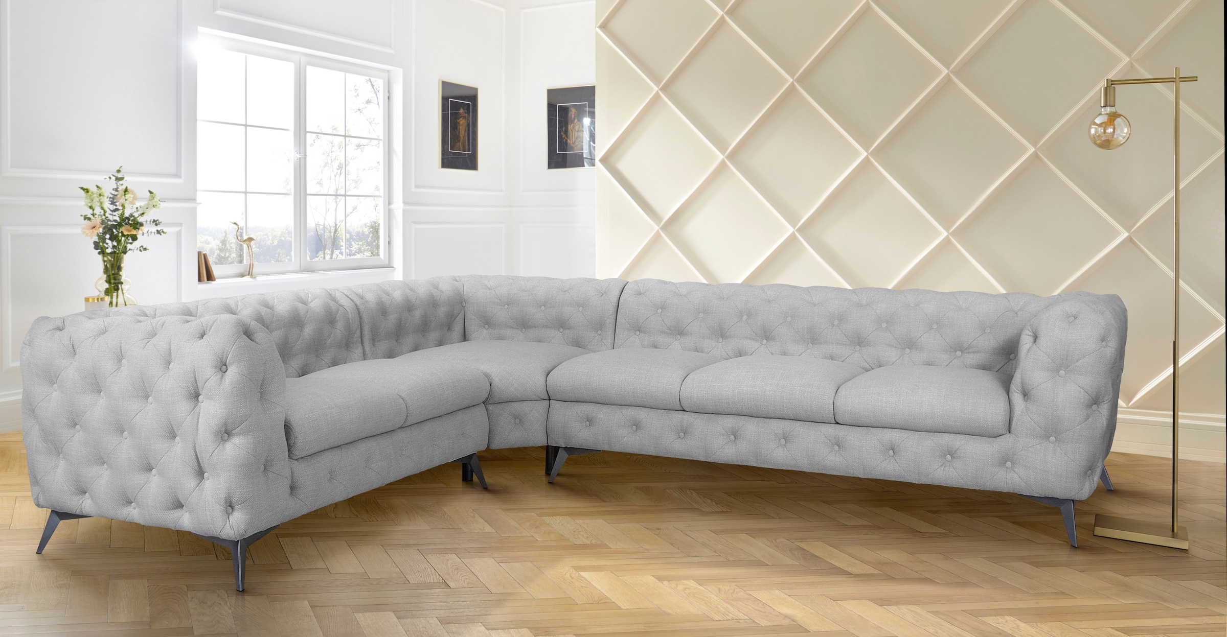 Home affaire Chesterfield-Sofa »Ecksofa GLYNIS L-Form mit Wellenunterfederung, Maße B/T/H 323/264/75cm« aufwändige Knopfheftung, moderne Chesterfield Optik, Fußfarbe wählbar