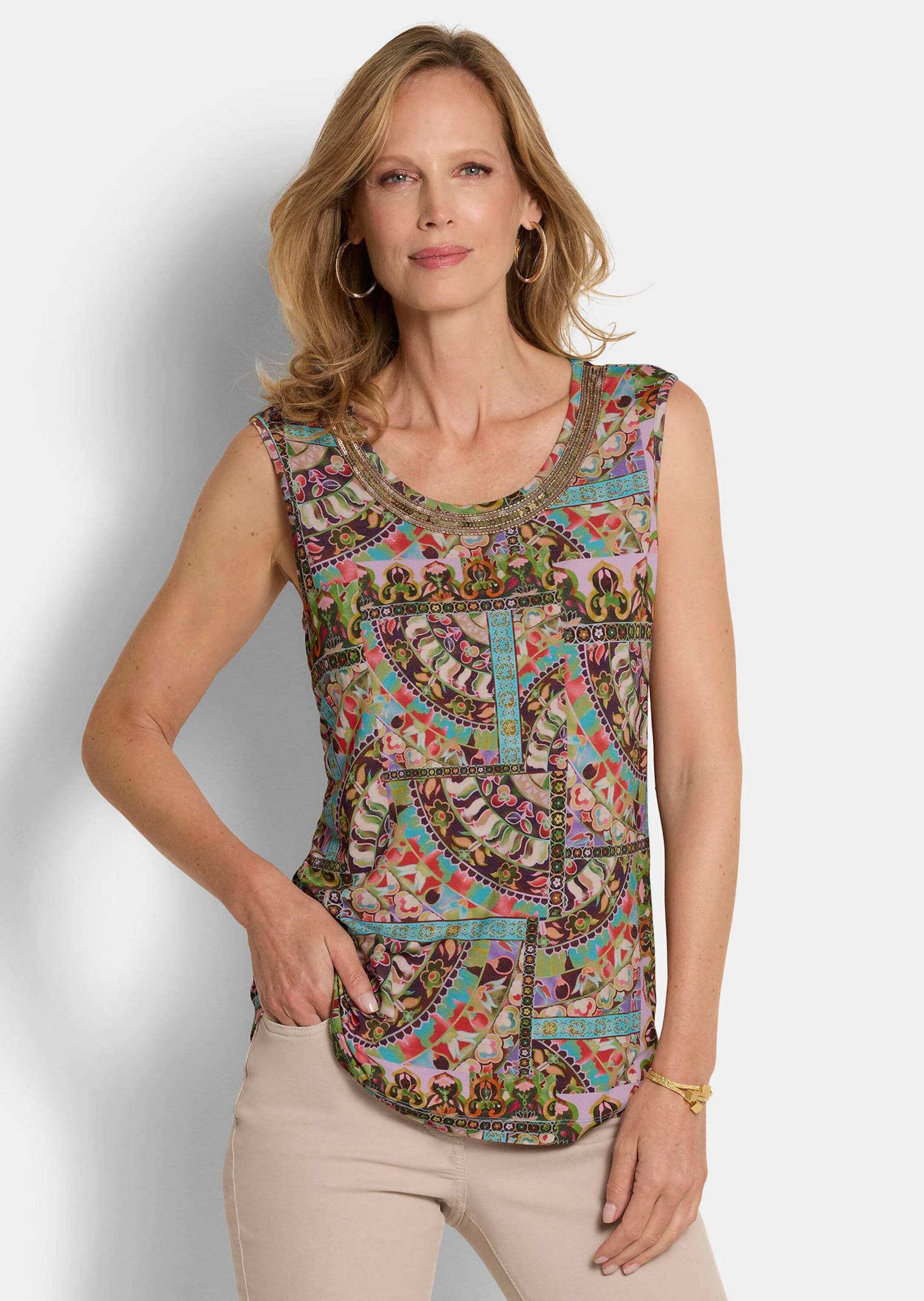 GOLDNER Trägertop »Kurzgröße Viskoseshirt mit Muster-Mix« aufwendige Paillettenstickerei am Ausschnitt