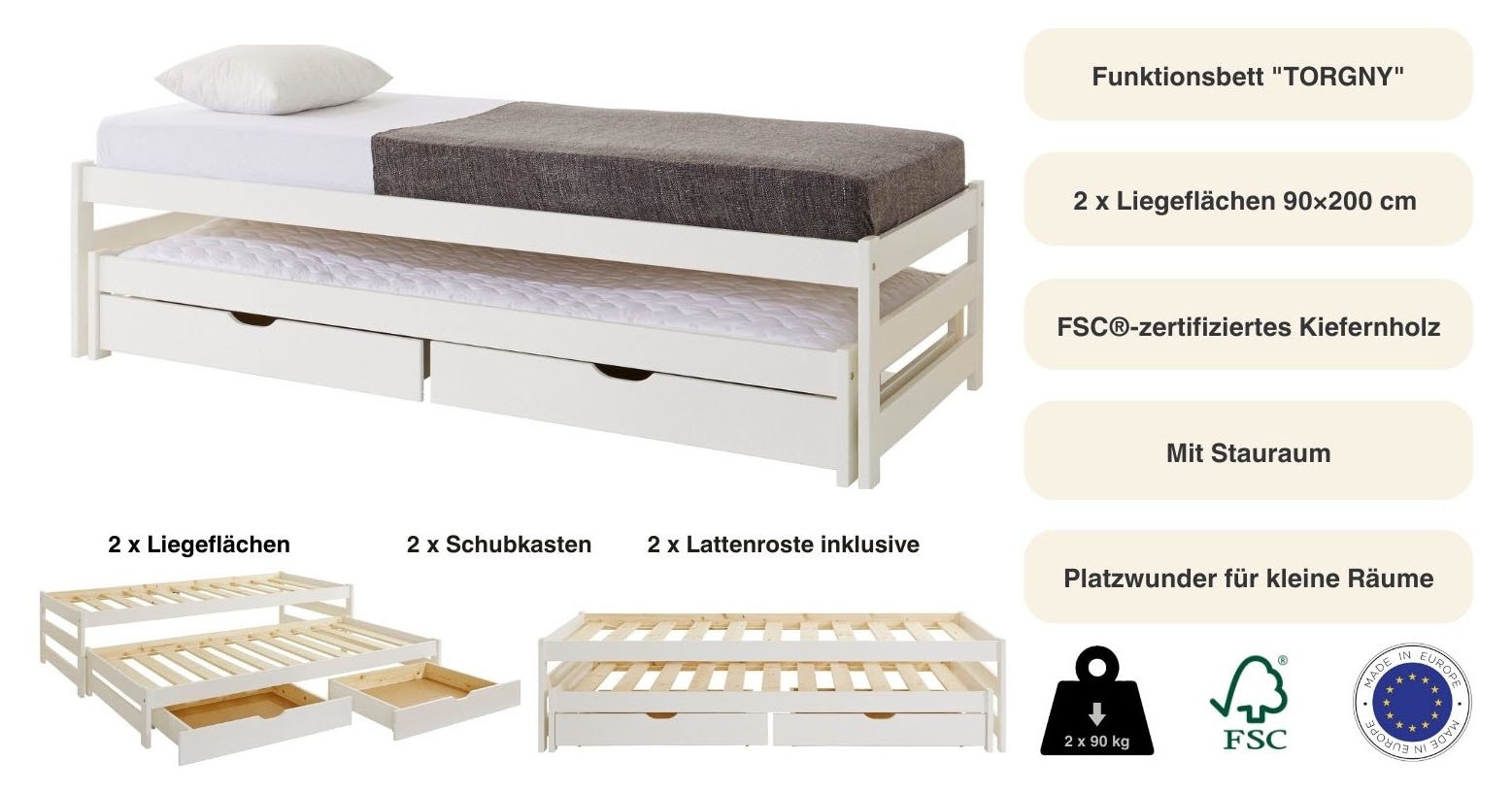 OTTO home Funktionsbett »"TORGNY " mit 2 Schubladen« mit zwei Schlafplätzen