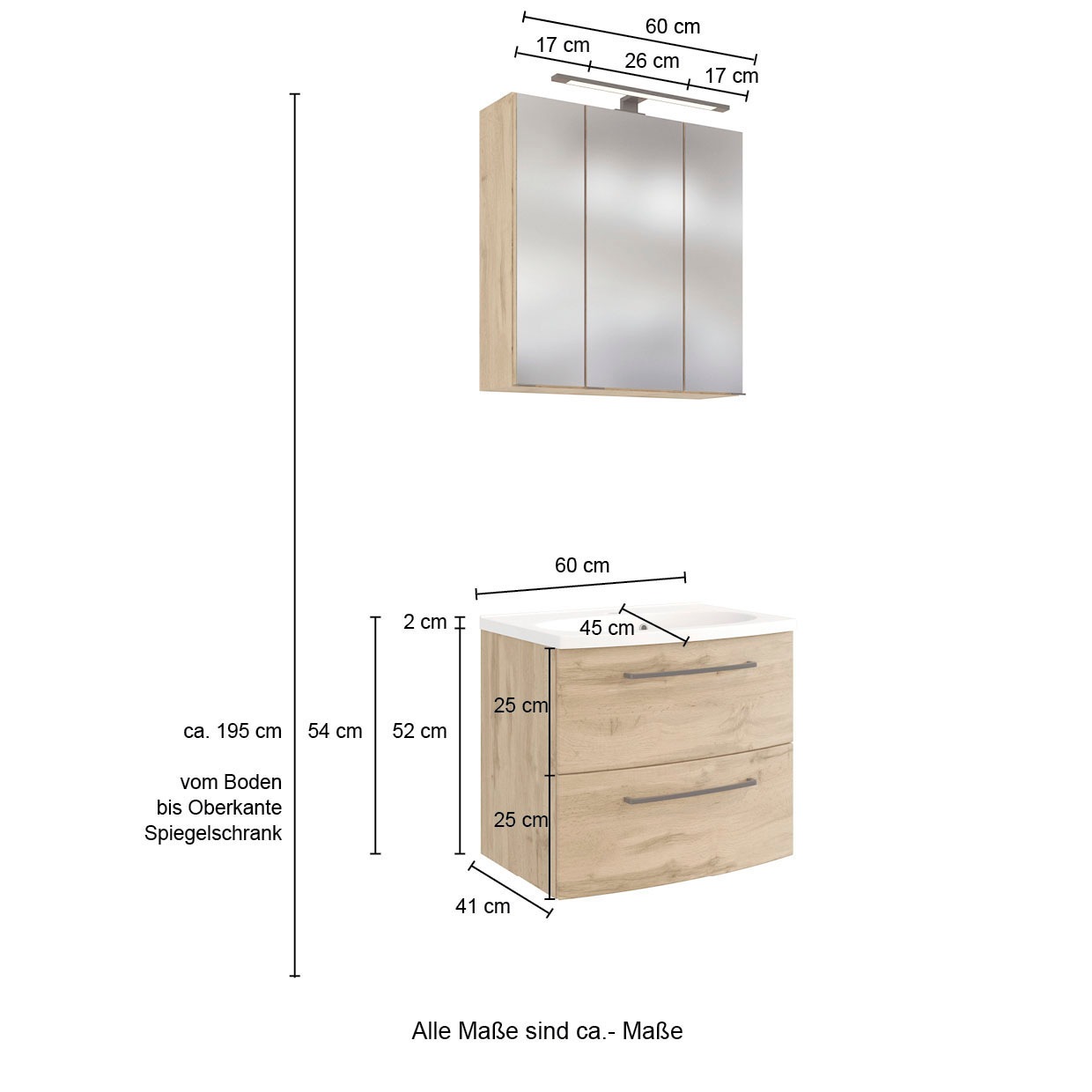welltime Badmöbel-Set »Chicago«, (5 St., Spiegelschrank, Waschtisch, Hängeschrank, Unterschrank, Seitenschrank)