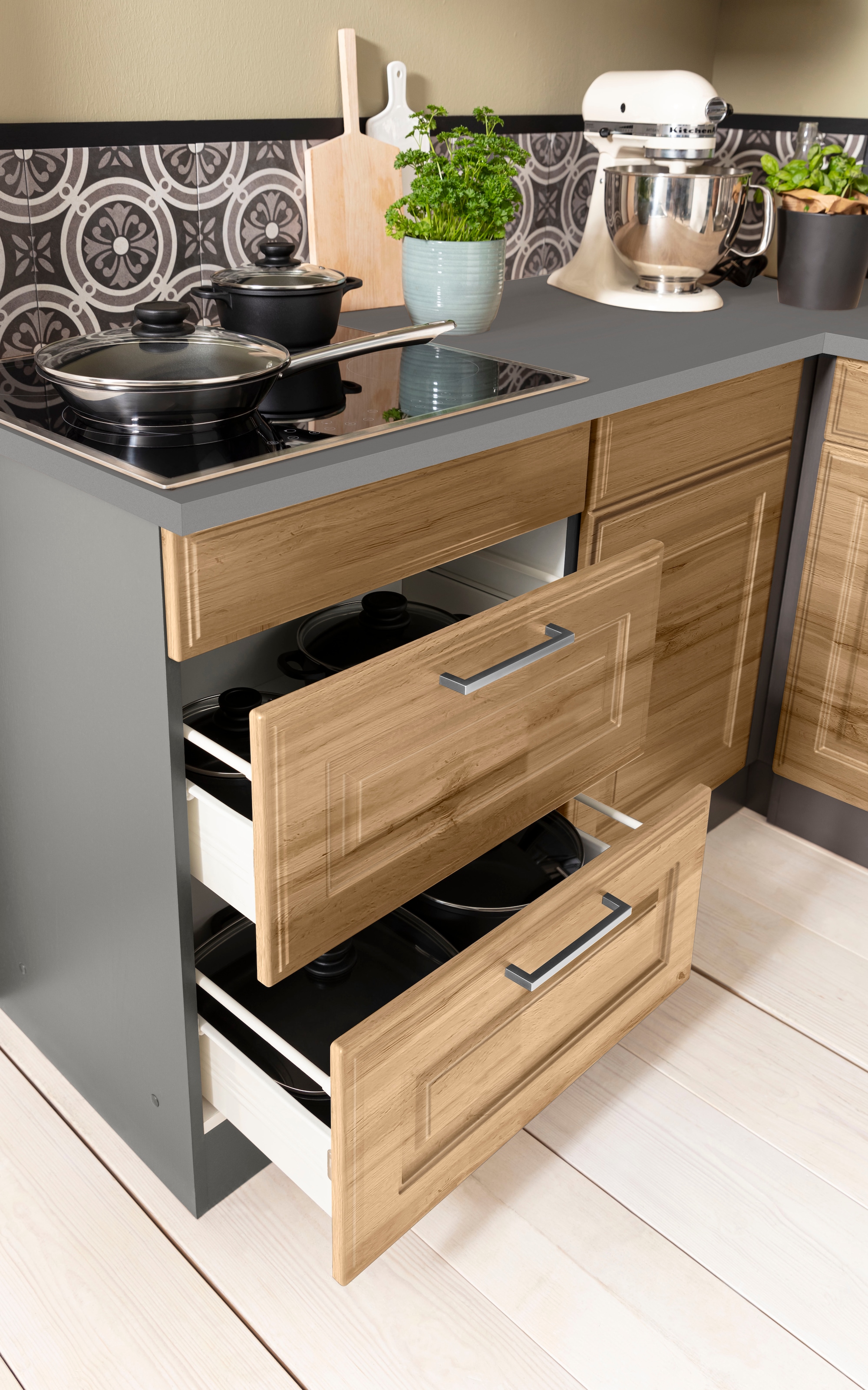 KOCHSTATION Winkelküche »KS-Stockholm«, Stellbreite 260/170 cm, mit E-Geräten, MDF Frontenl