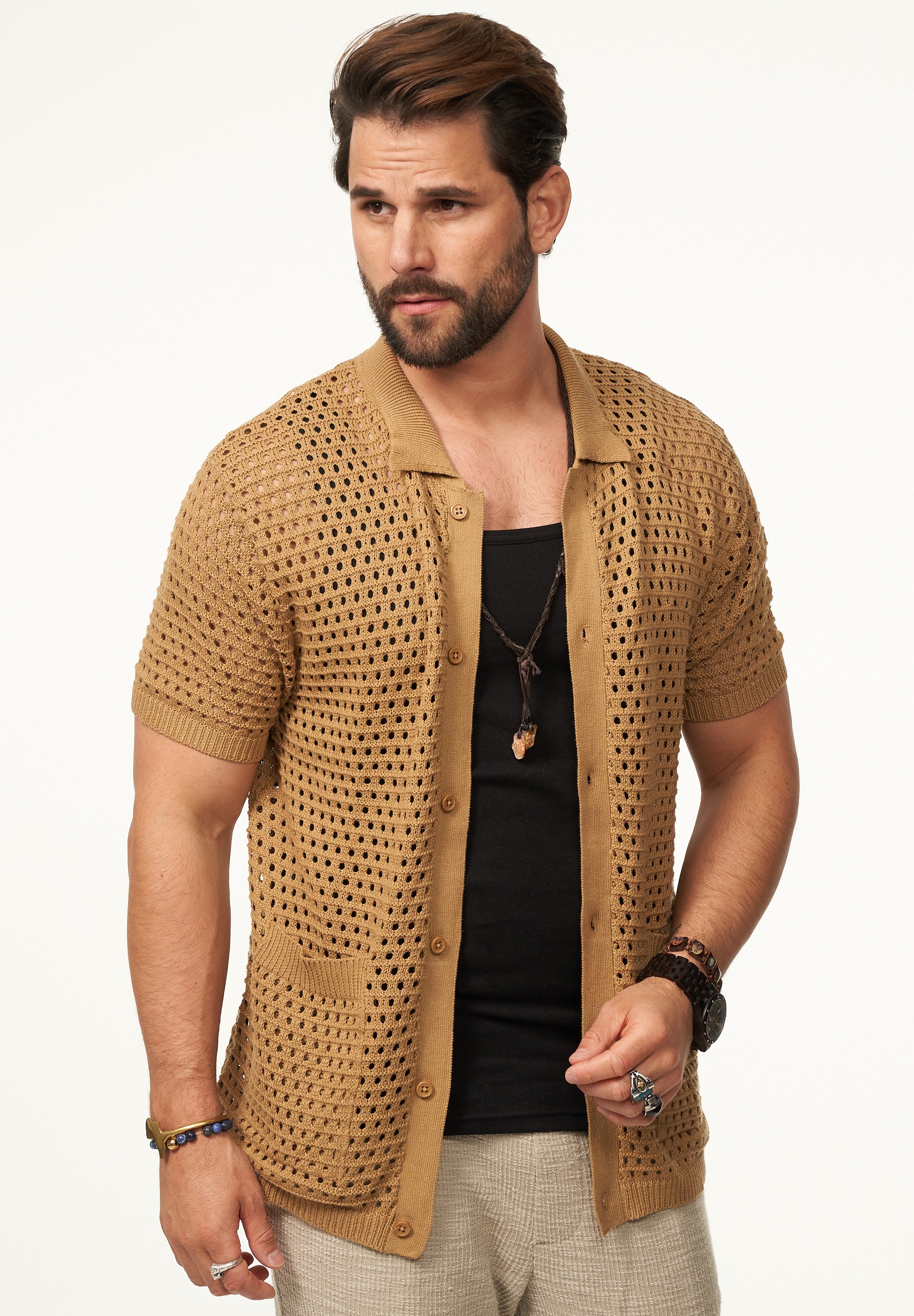 SOULSTAR Poloshirt »Kurzarm Strickhemd im Cardigan Stil mit Knopfleiste für Herren« Herren Kurzarm Strick Polo-Hemd Cardigan T-Shirt