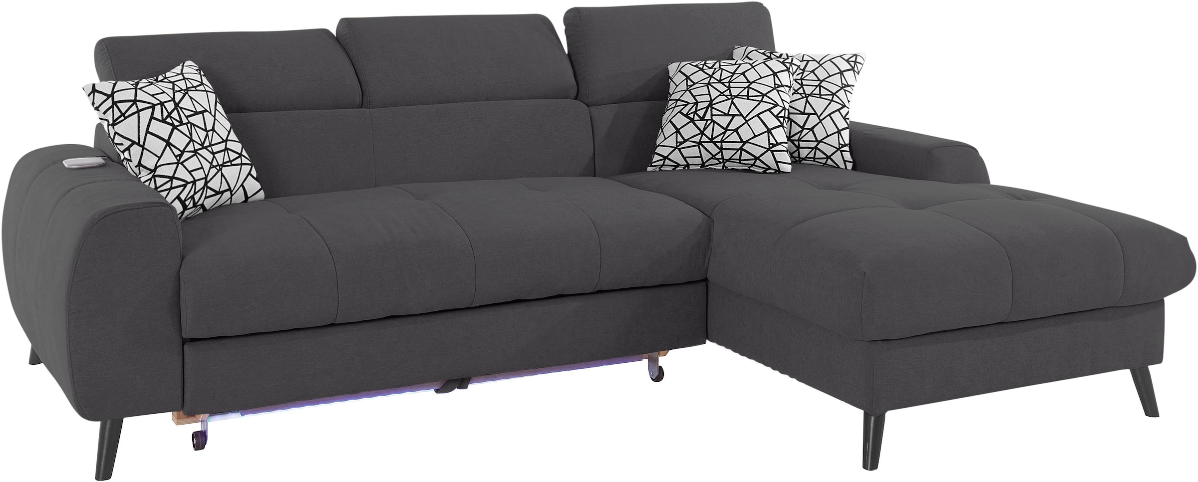 COTTA Ecksofa »Mia L-Form mit 3 Zierkissen«, wahlweise mit Bettfunktion, Bettkasten, Beleuchtung & Wireless-Charger