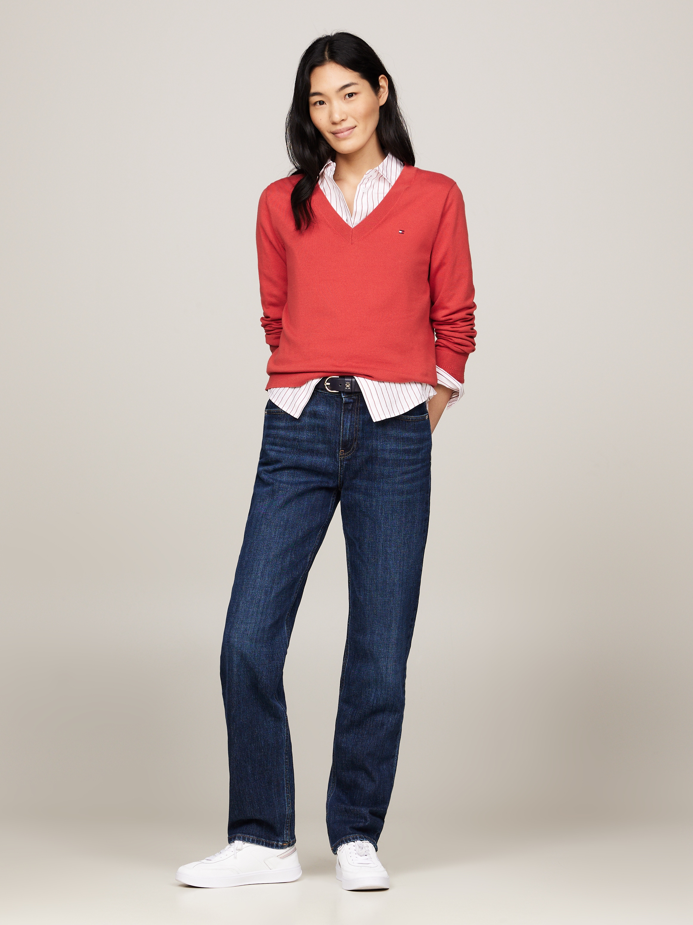 Tommy Hilfiger V-Ausschnitt-Pullover »CO JERSEY STITCH V-NK SWEATER mit V-Ausschnitt und Ripp«, unifarben, casual, regular fit, Baumwollmix, V-Ausschnitt