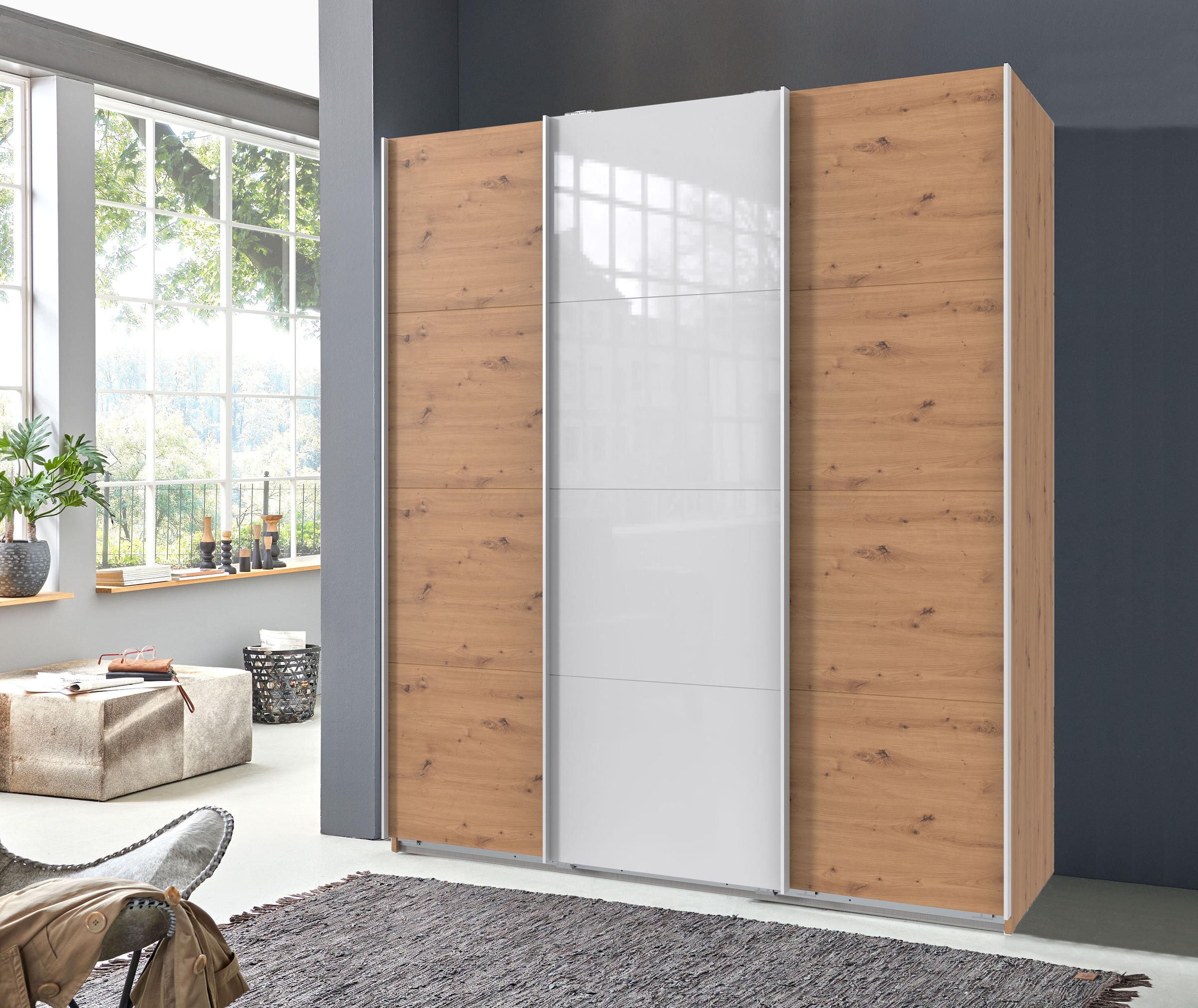 Wimex Schwebetürenschrank »Norderstedt« INKLUSIVE 2 Stoffboxen und 2 zusätzliche Einlegeböden, mit Glastür