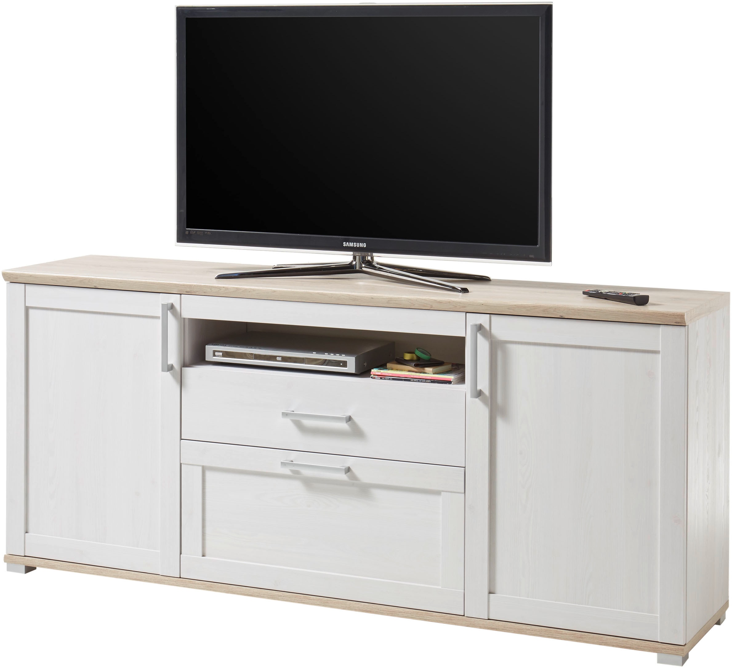 HBZ Lowboard »Romance Landhaustil, TV Möbel bis 65 Zoll, BxHxT 190x82x44 cm«, (1 St.), Mit 2 Türen, 1 offenes Fach, 1 Schubkasten und 2 Einlegeböden